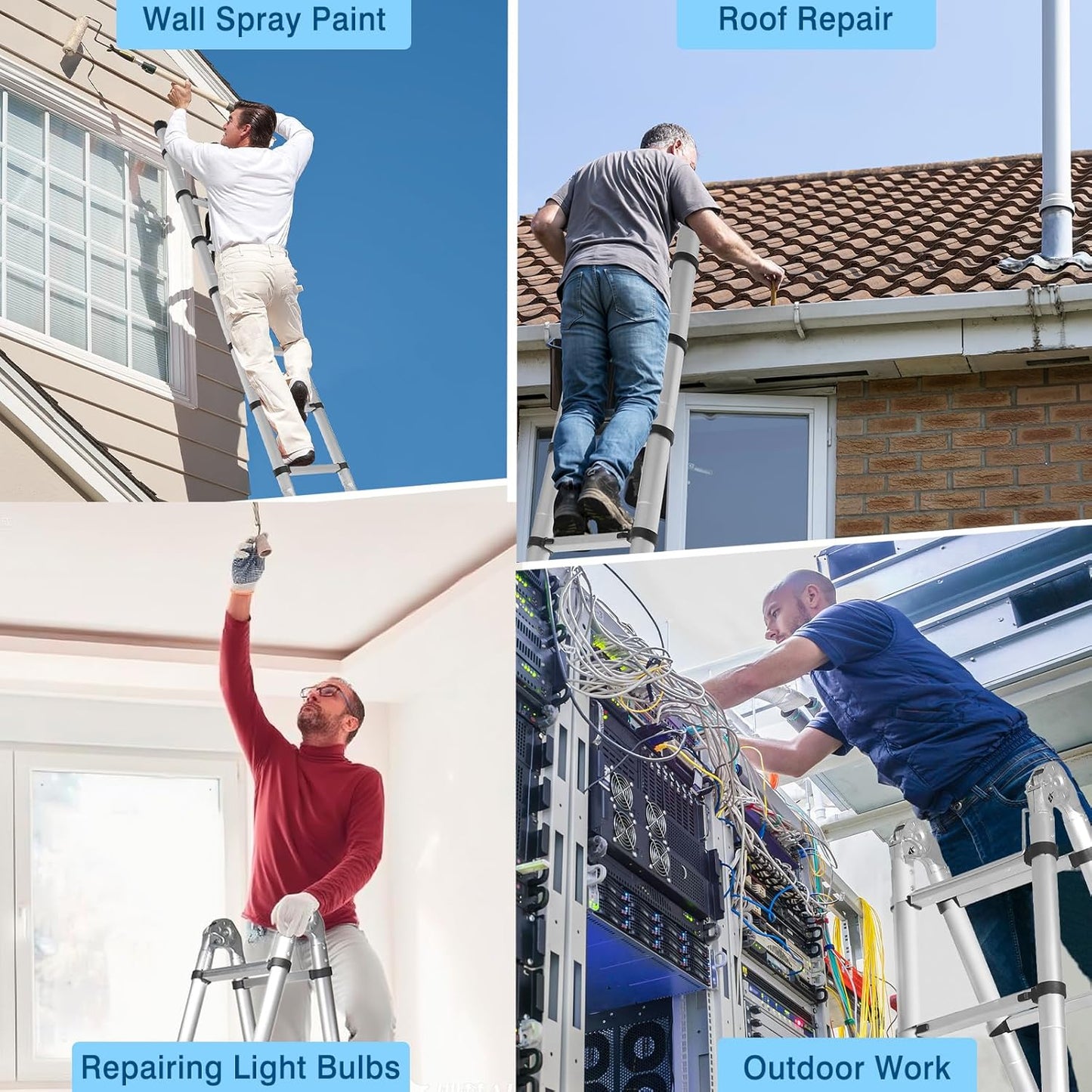 16.5 FT A Frame Telescoping Ladder, Adjustable Multi-Purpose Collapsible Extension w/Balance Bar & Wheels, Heavy Duty 330 lbs Max Capacity, Ideal for Home and Outdoor Work, Silver