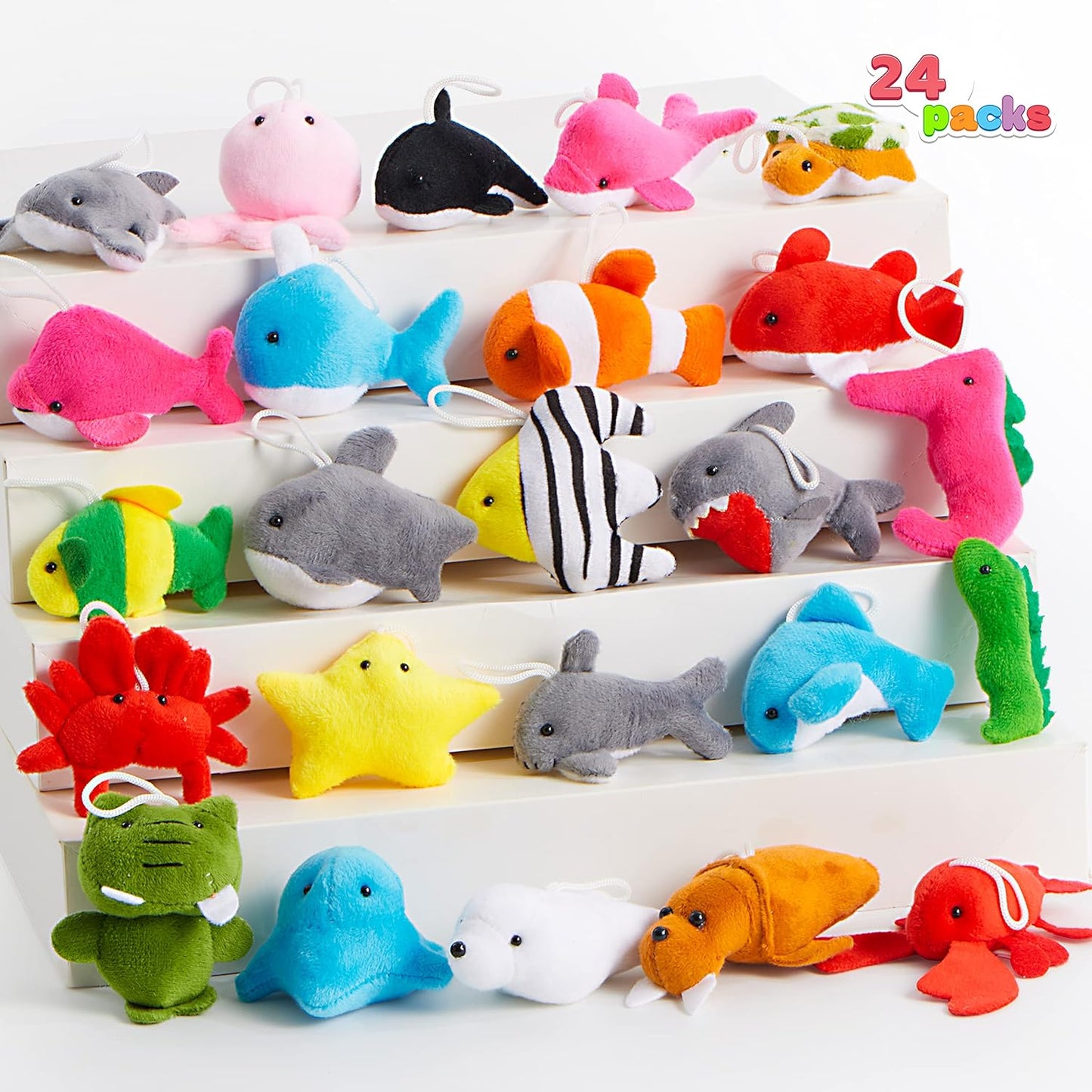 JOYIN 24 Pcs Mini Sea Animal Plush Toys (24 Units 3" Each), Stuffed Sea Animal Bulk for Kids Birthday Party Favors, Pinata Fillers, Goodie Bag Fillers, School Prizes,Easter Party Supplies