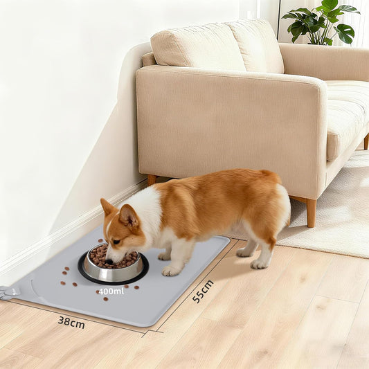 Waterproof Raised Edge BPA Free Silicone Pet Feeding Mat-Multiple Colors,Dog Cat Food Mats Contain Spills Protects Floors, Placemats for Cats and Dogs Water Bowl, Pets Accessories 22x15 Gray