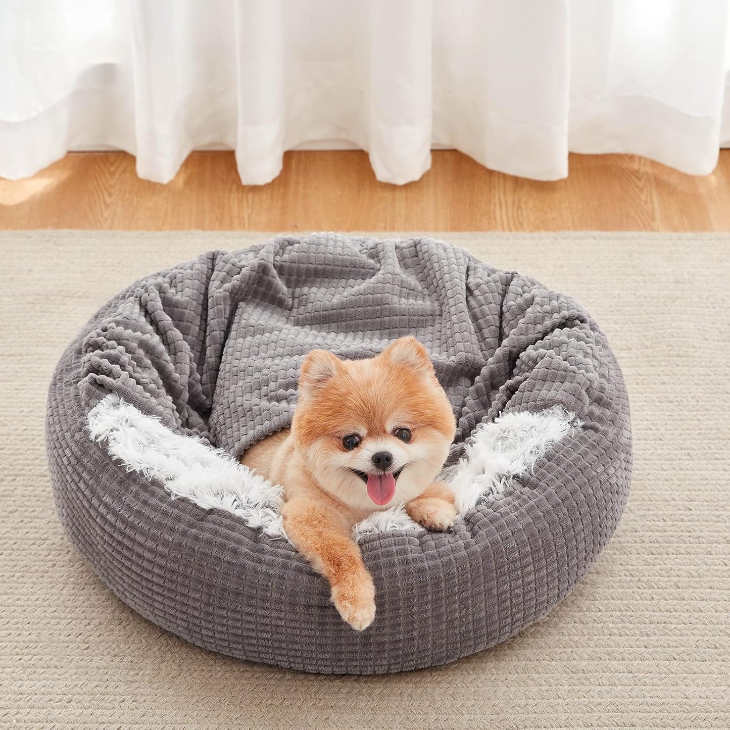 MIXJOY Dog Bed with Blanket, Round Calming Cozy Cave for Medium Dogs, Soft Plush Cuddler Puppy Bed and Burrow Cave, Anti-Slip Bottom, 26inch