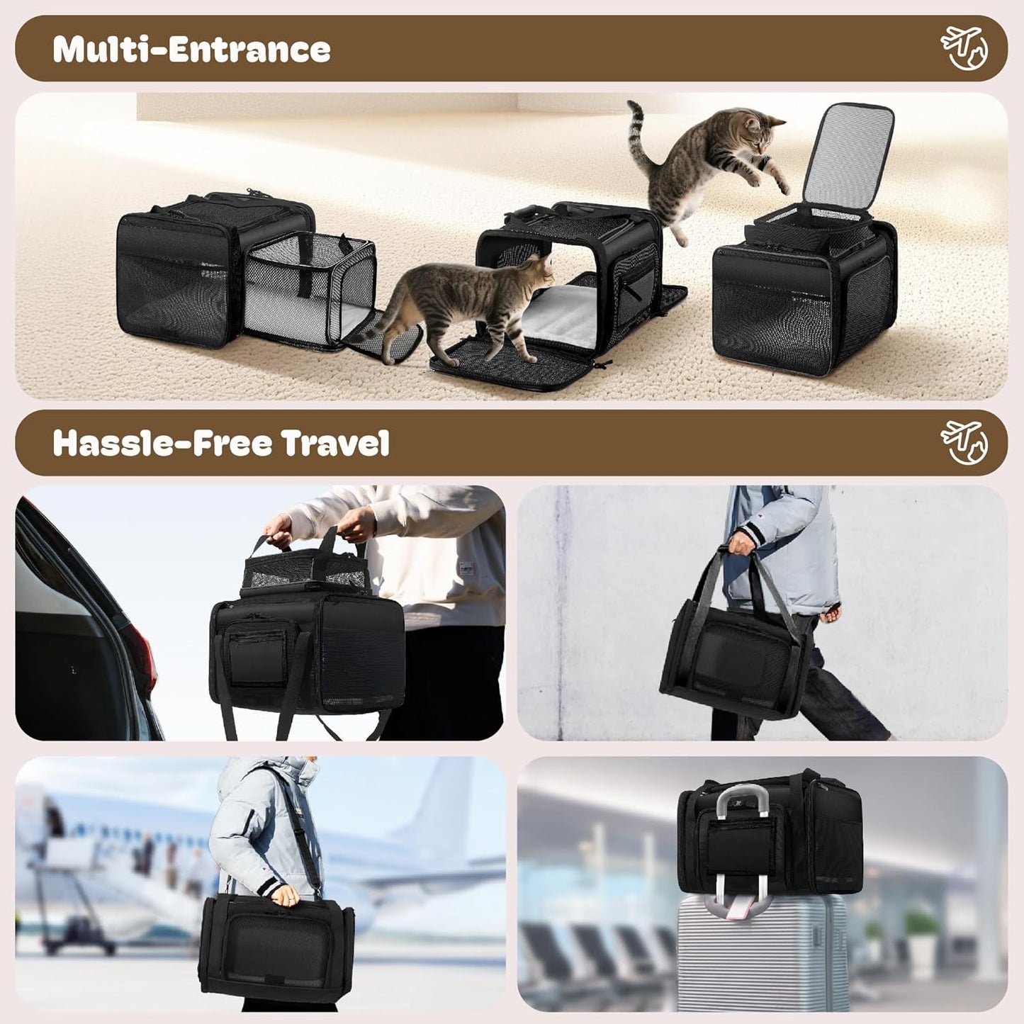 Top and 2 Sides Expandable Pet Carrier 17x11x9.5, TSA Airline Approved Small Dog Carriers for Small Dogs, Soft-Sided Cat Carrier with Self-Locking Zippers for Kitten,Rabbit, Puppy, Guinea Pig Black