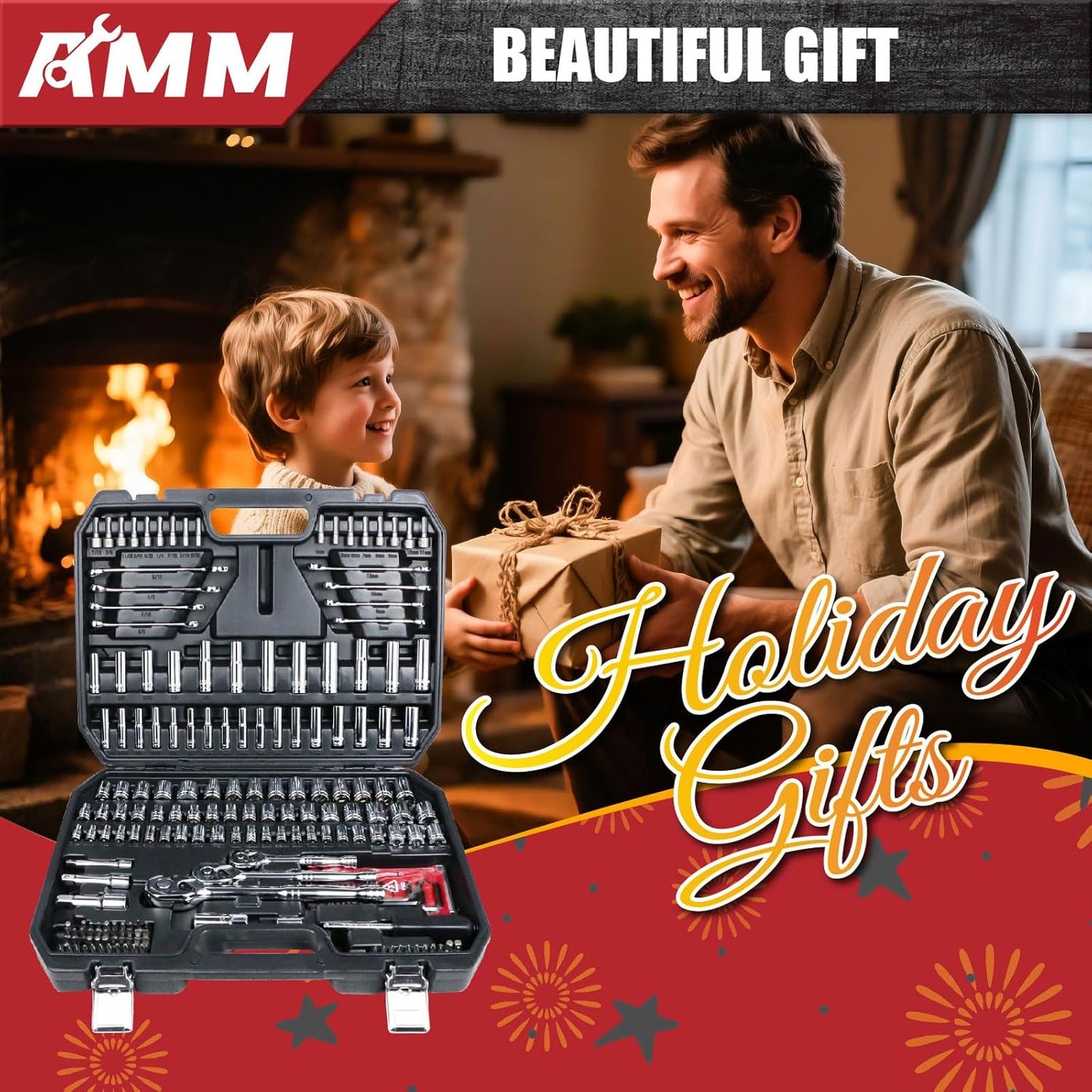 AMM Mechanics Tool Set, 1/4 in, 3/8 in and 1/2 in Drive socket set, 202 Piece