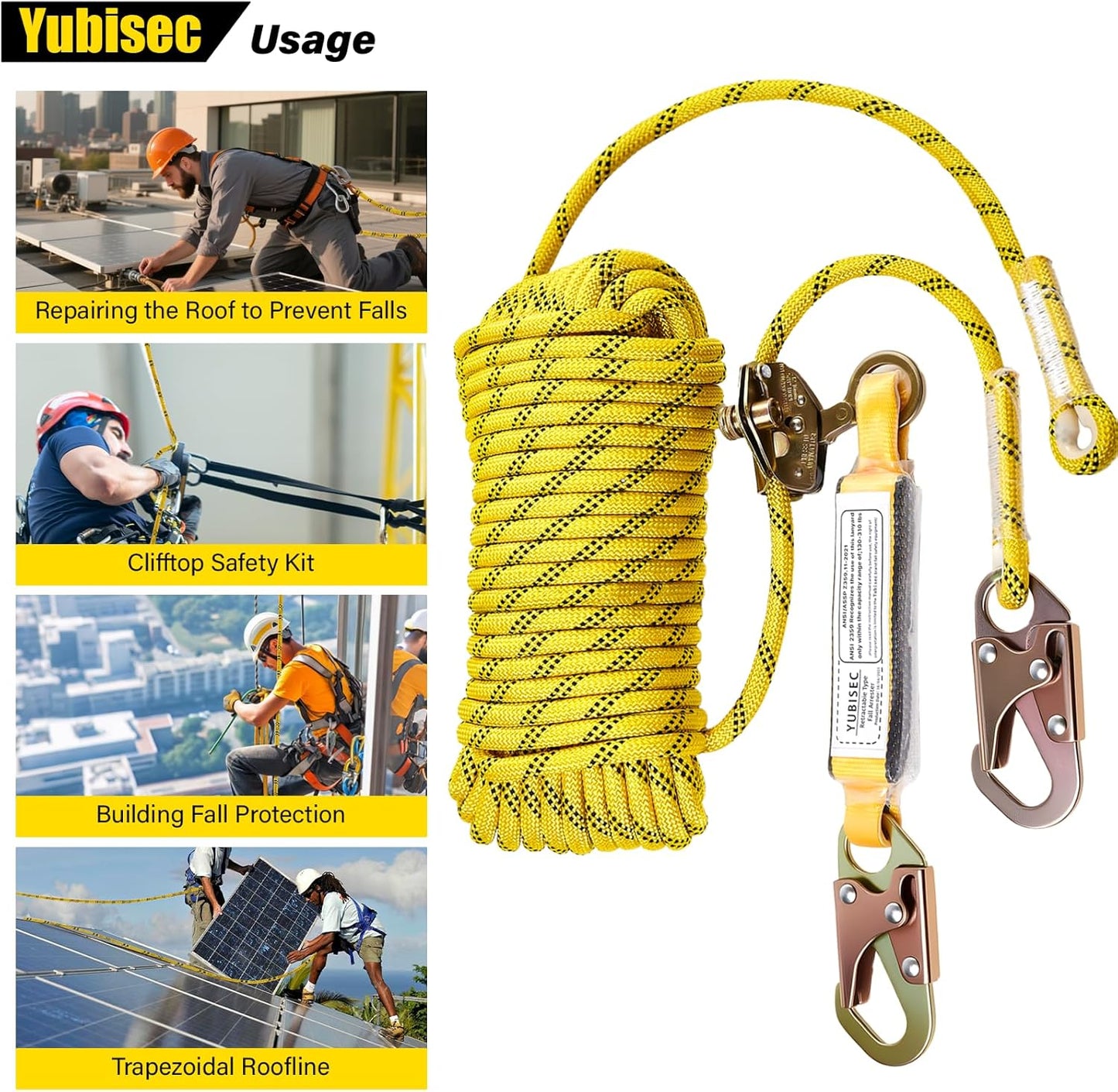 Rope Harness Safety Lanyard 100FT, Vertical Lifeline Assembly with Grab Snap Hooks Shock Absorber, Fall Protection Tree Climbing Lifeline Kit, Heavy Duty Roof Safety Equipment ANSI CE