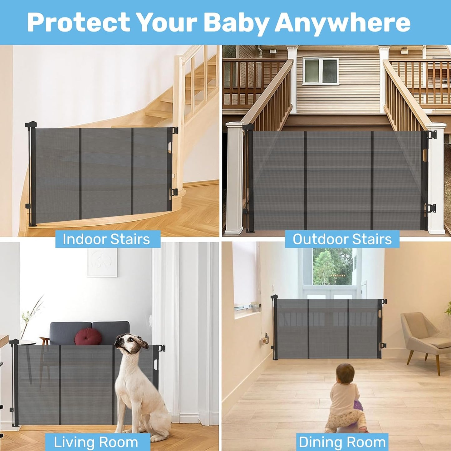 Retractable Baby Gates for Stairs & Doorways - 71” Wide Mesh Safety Gate for Toddlers, Dog & Pets - Use for Indoor/Outdoor, Hallways, Deck, Porch - Easy Installation, Secure Closure