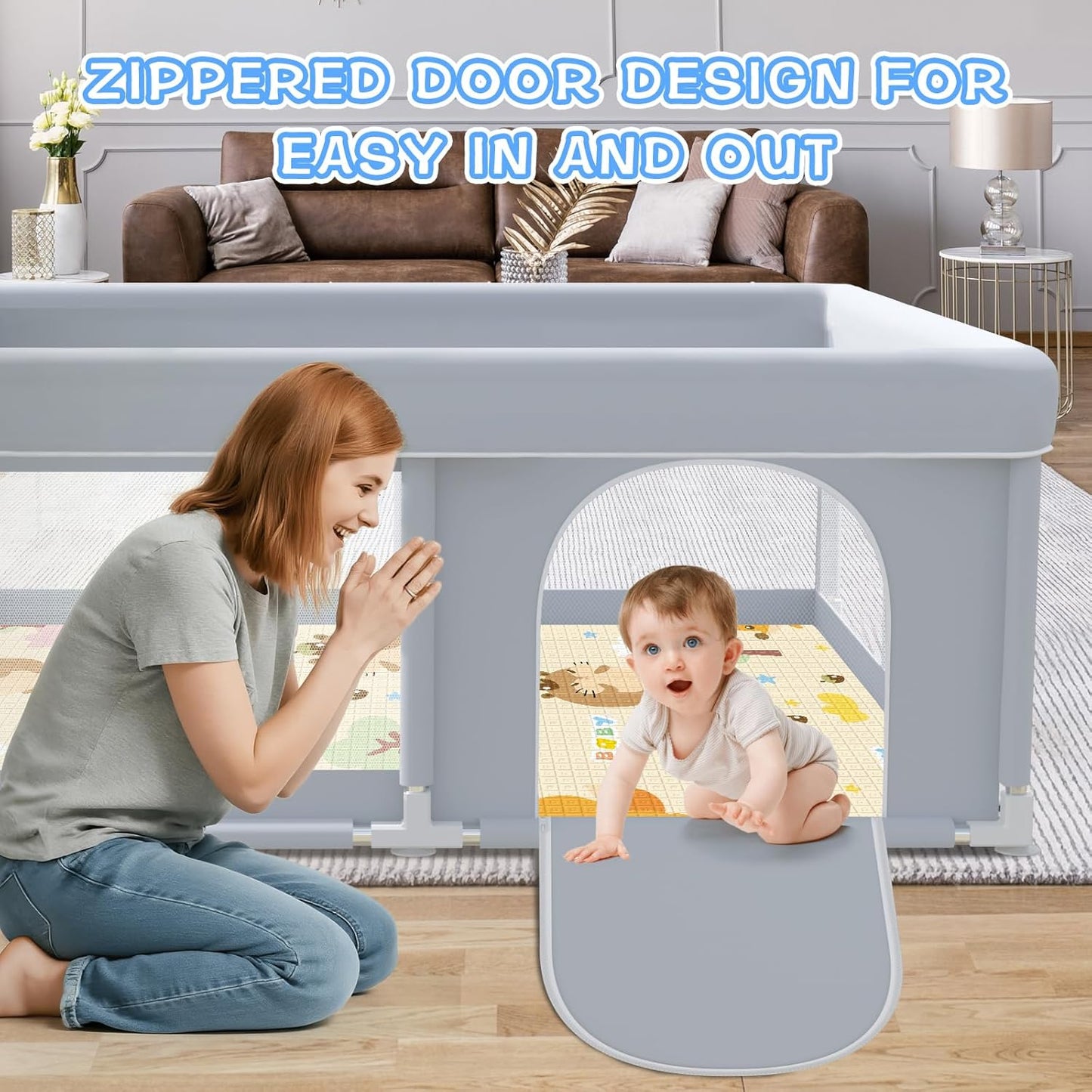 Baby Playpen with Mat, 50x50 Inch Play Pen, Playpen for Babies and Toddlers, Baby Playard for Indoor & Outdoor Active Center Game Fence, with Skin-Friendly Fabric and Soft Breathable Mesh