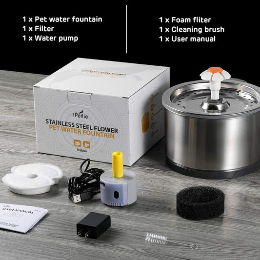 iPettie Cat Water Fountain Stainless Steel, 84oz/2.5L, 4-Stage Filtration, Ultra Quiet Metal Cat Water Fountain with LED Light & Filter for Pet, Kitty & Dog