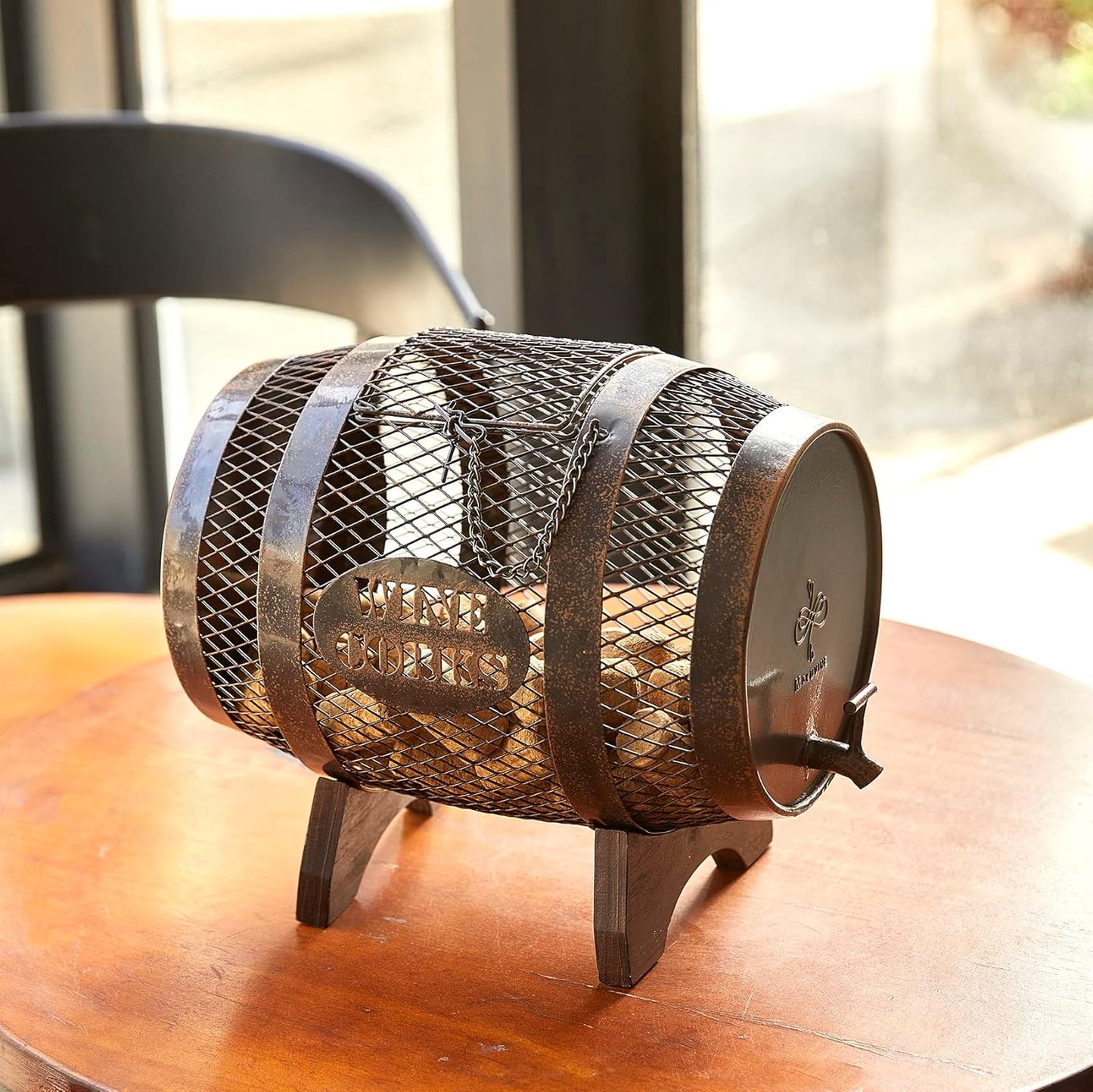 Rustic Metal Large Barrel Wine Cork Holder Display On Wooden Stand, Container for Display, Home Decor, Housewarming Gifts, Home Bar Decor, Wine Gifts, Engagement Gifts, Kitchen Decor