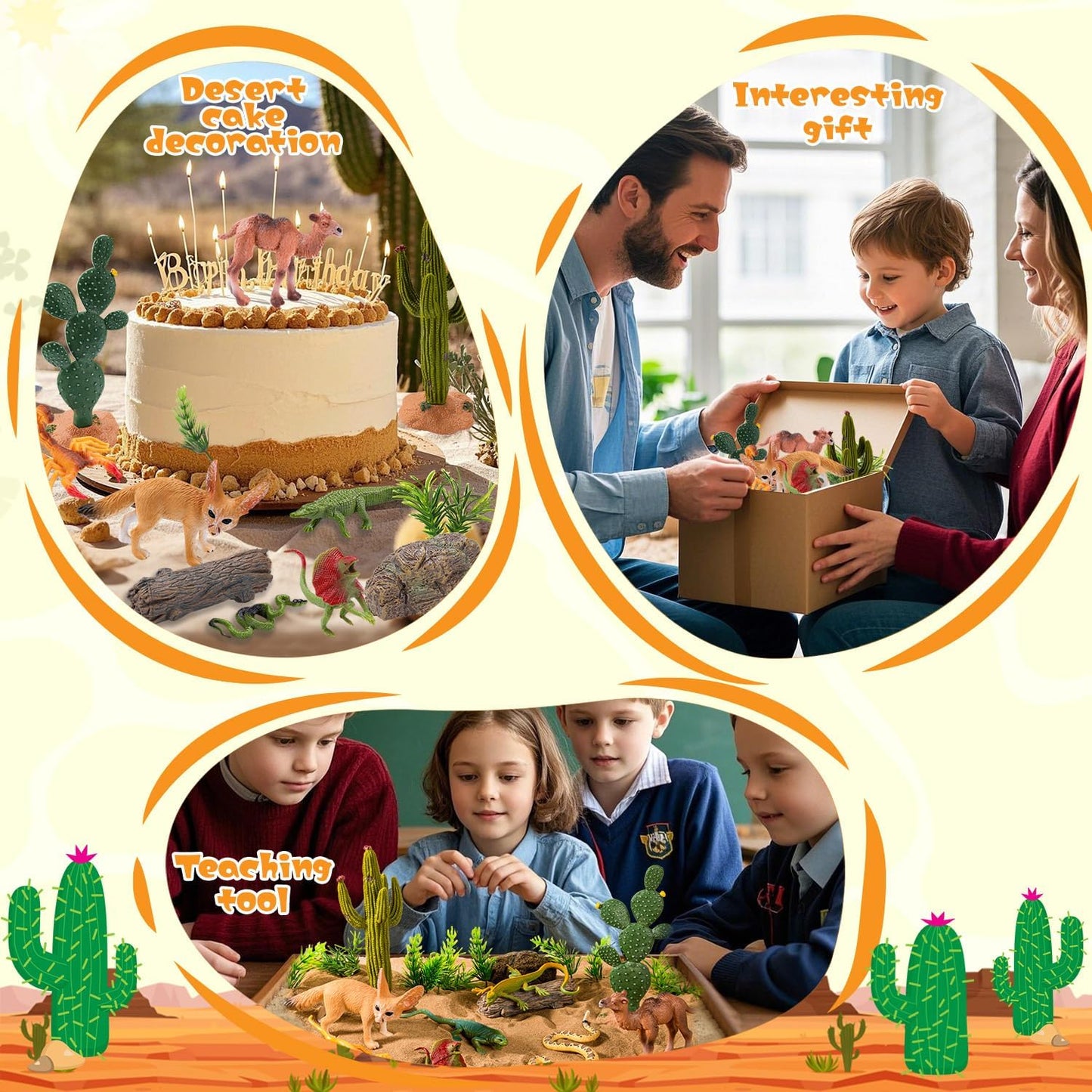 32 Pcs Desert Animal Figurines Set,Desert Diorama Supplies Playset Camel Fox Rattlesnake Lizard Tree Cactus Desert Decor for Kids Cake Toppers Party Favors School Projects Educational Learning