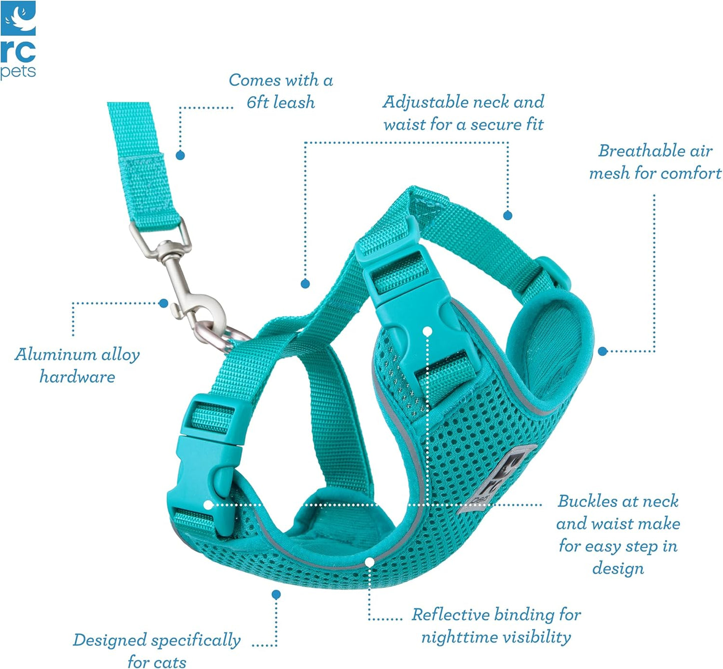 RC Pets Adventure Kitty Harness Includes Adjustable, Airmesh Fabric, 6' Leash and D-Ring Cat Walking Harness | Teal, Medium