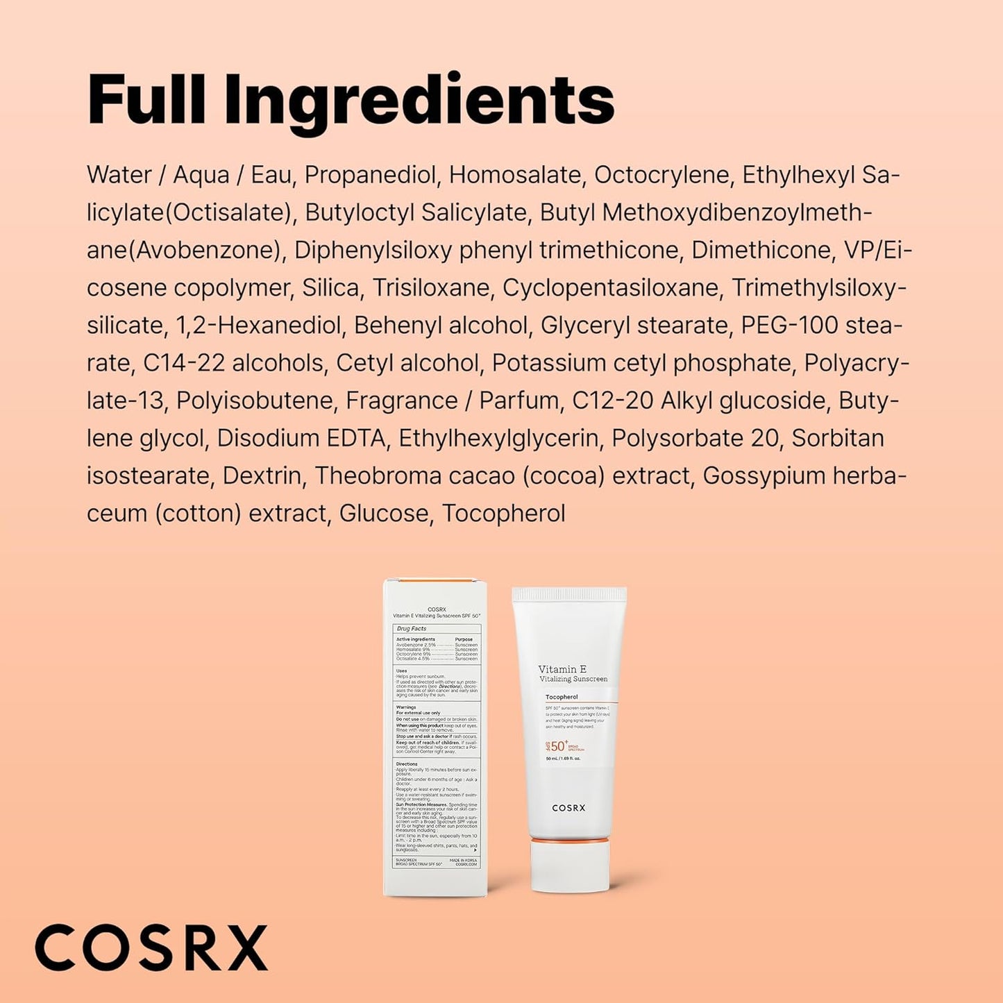 COSRX Vitamin E Vitalizing Sunscreen,SPF 50 Broad Spectrum Face Sunscreen, Lightweight, Non-Sticky, No White Cast, Vitamin E for Antioxidant Care, For All Skin Tones, Korean Skincare, 1.69 fl oz