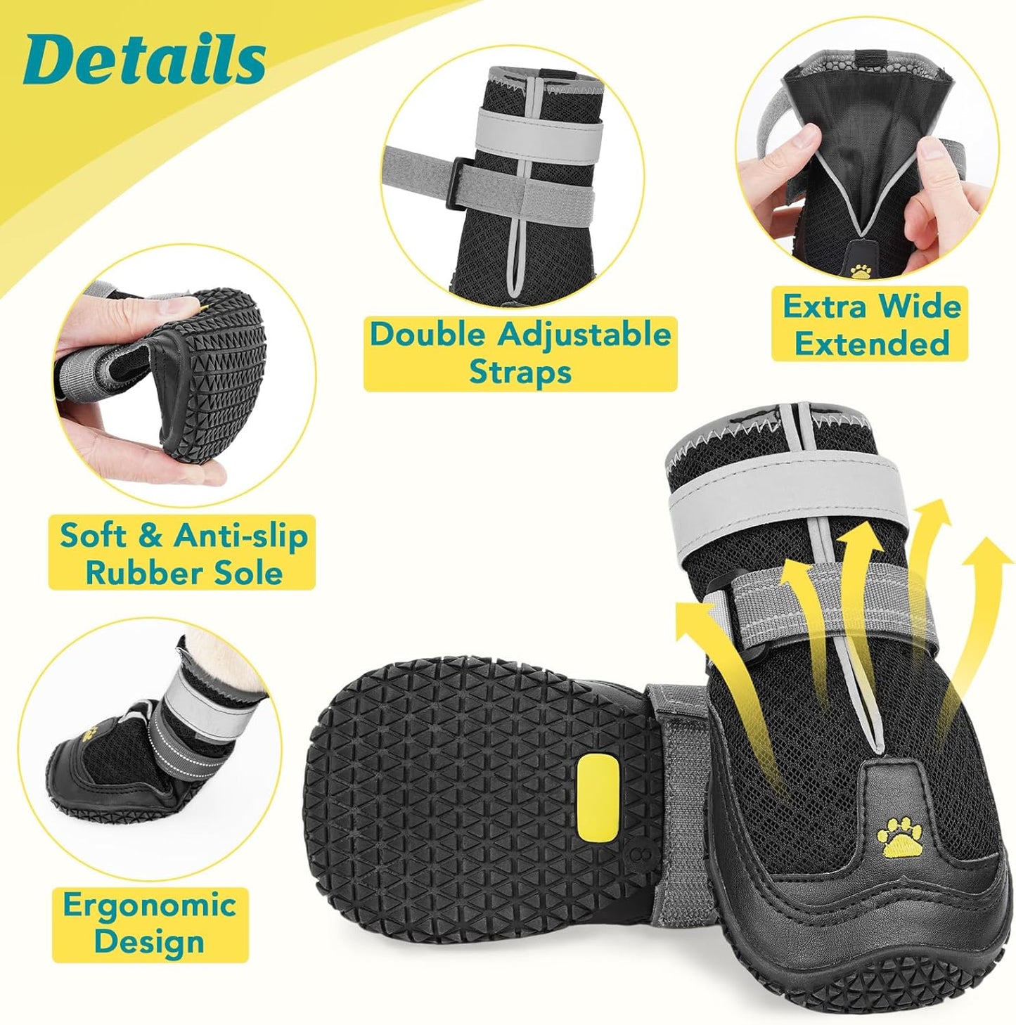LUCKYPAW Dog Shoes for Large Medium Dogs, Breathable Dog Boots for Hot Pavement, Paw Protectors for Summer Walking Hiking Winter Snow Outdoor, No Slip Reflective Booties for Hardwood Floor-Black, 8