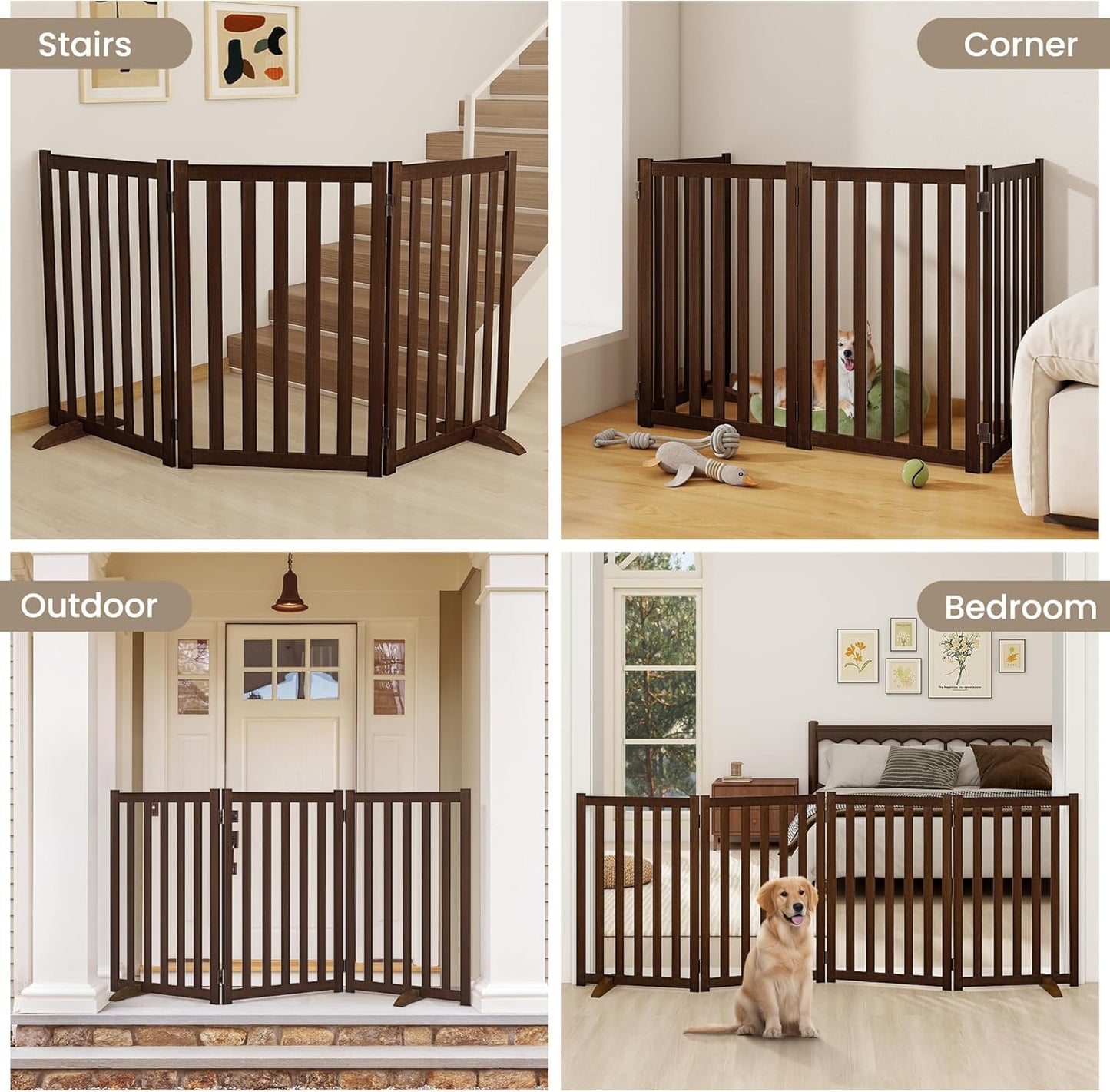 Wire Dog Gate Solid Wood Frame, Anti-Chewing, 3-Panel, 30" Height, 60" Width, Indoor Freestanding Pet Gate Foldable Wooden Dog Fences for Stairs, House, Doorway, Walnut
