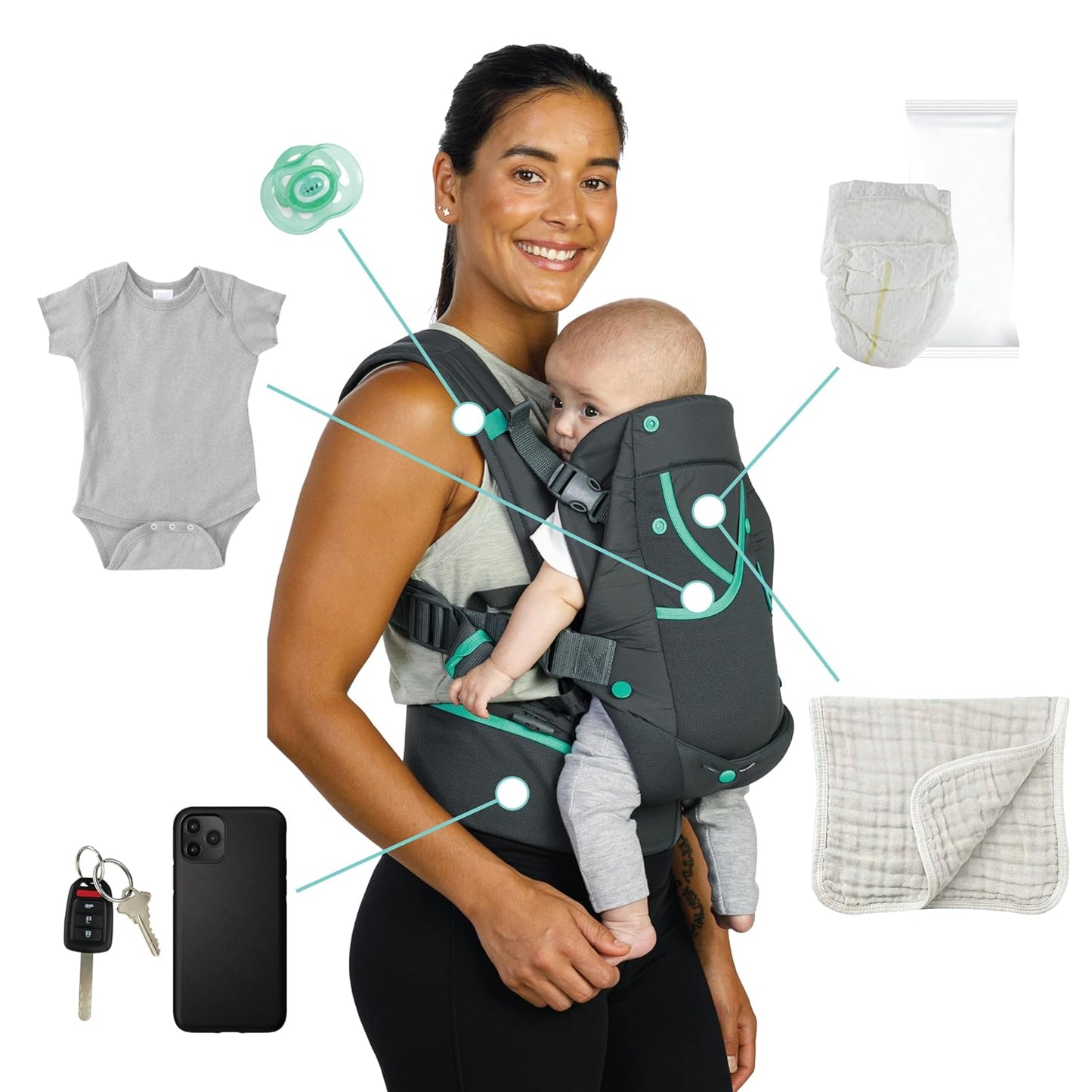 Infantino Carry On Active Baby Carrier, Ergonomic Multi-Pocket Baby Carrier for Newborn to Toddler 8-40 lbs with Padded Straps, Lumbar Belt Storage & Pacifier Loop, Registry Essential, Gray