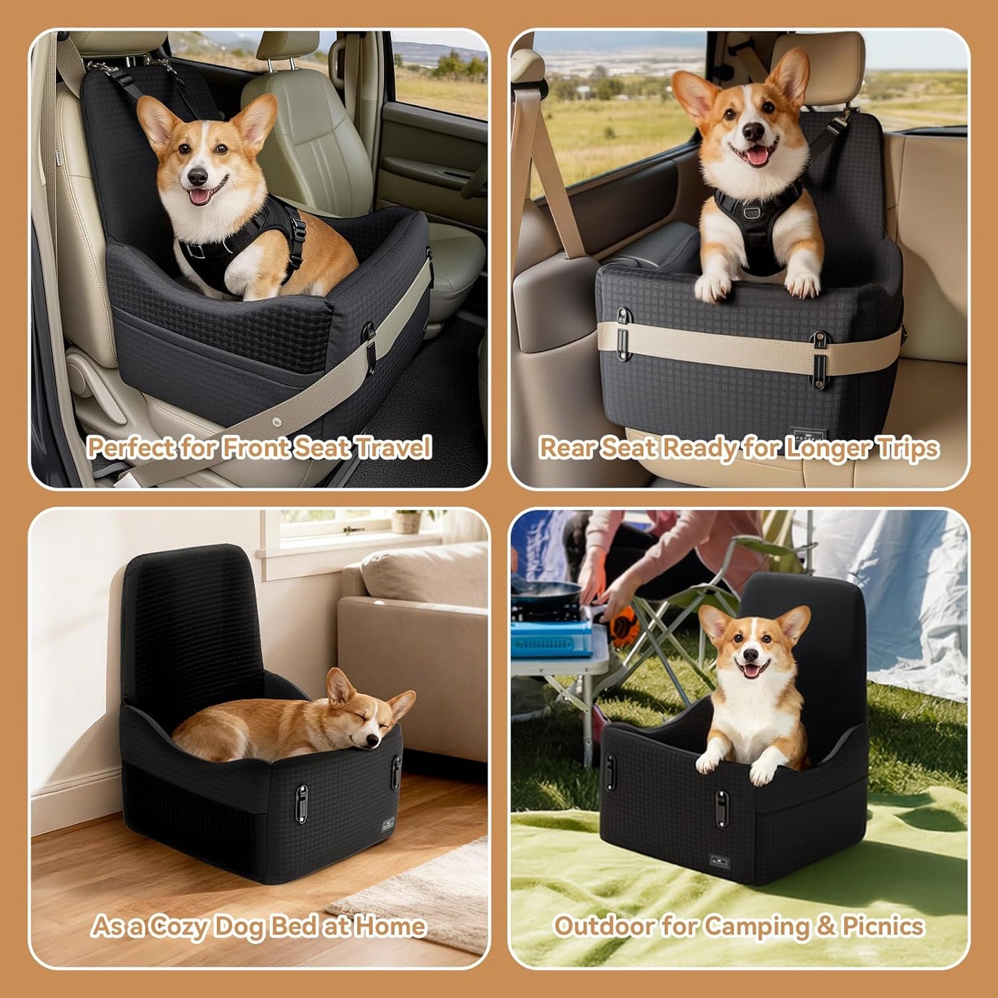 PETSFIT Dog Booster Car Seat for Small/Medium Dogs Up to 35 lbs โ Patented Safety System, 6" Memory Foam Pet Car Seat, Fully Detachable and Washable Cover, Front/Back Seat Travel Booster (Black)