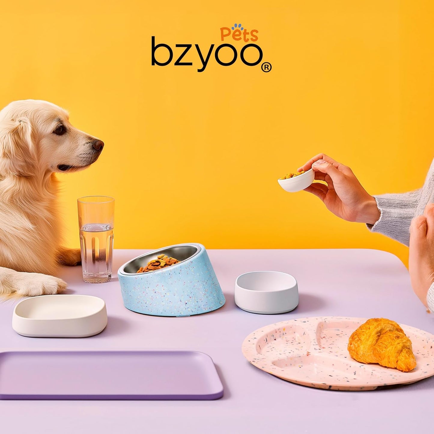 bzyoo 16oz Tilted Dog Bowl for Small Dogs & Cats, 15° Elevated Stainless Steel Pet Feeder, Ergonomic Anti-Vomiting Food Bowl for Frenchie, Pug, Persian Cat, Non-Skid Melamine Stand, Sprinkle (Blue)