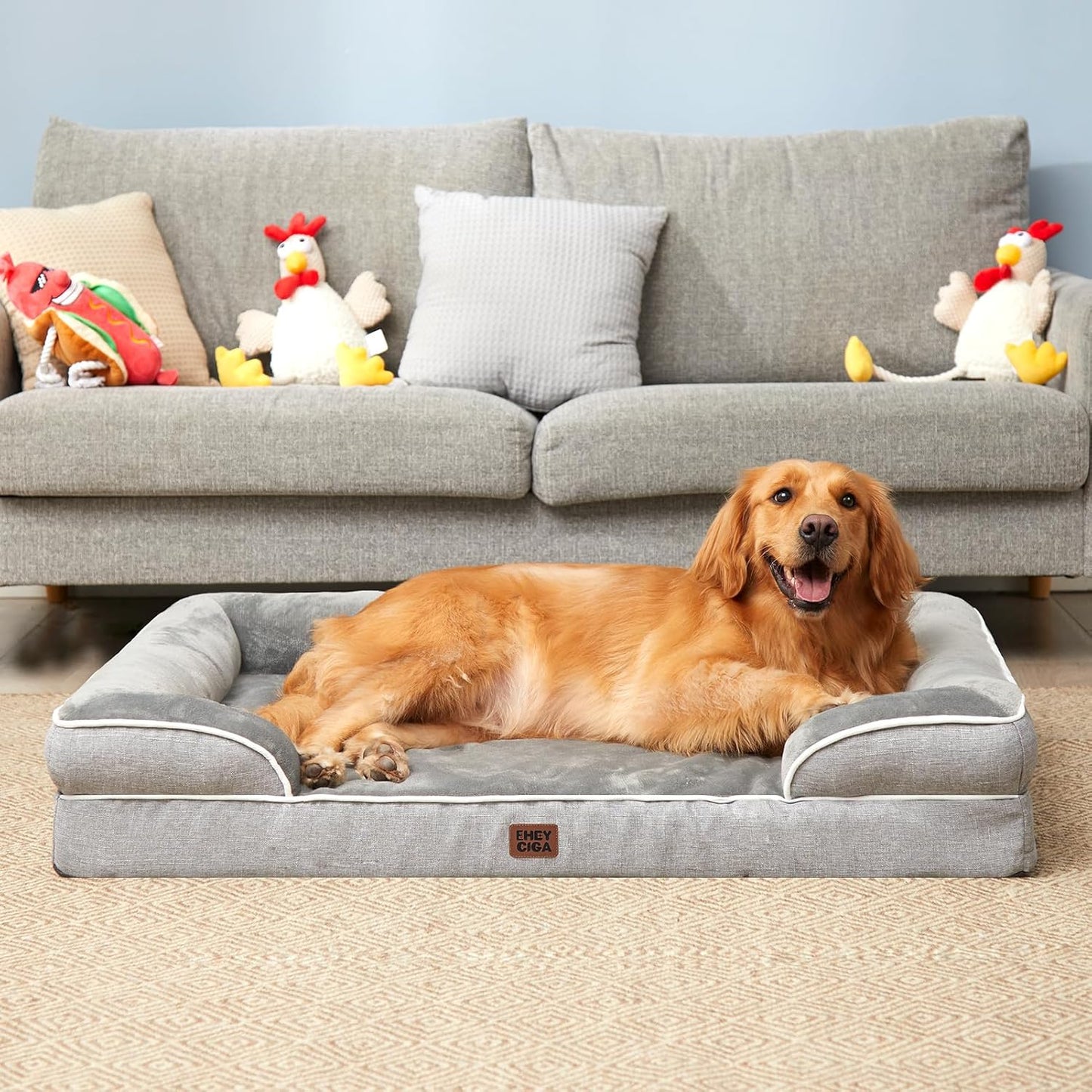 EHEYCIGA Dog Bed Cover Replacement for Extra Large Dog Bed, Waterproof Washable Removable Cover for Orthopedic Memory Foam Dog Sofa, Non-Slip Bottom, Grey, Cover Only