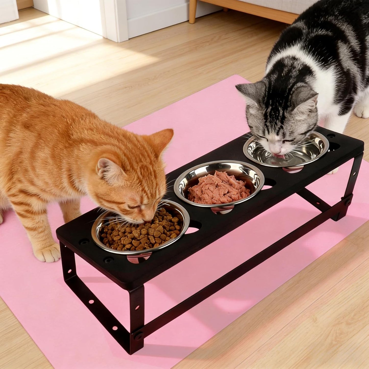 10°Tilted Elevated Cat Bowls with Food Mat & 3 Stainless Steel Pet Dishes, Raised Cat Food Water Bowls Set, Anti-Vomiting for Indoor Cats and Small Dogs, Bonus Treat Spoon