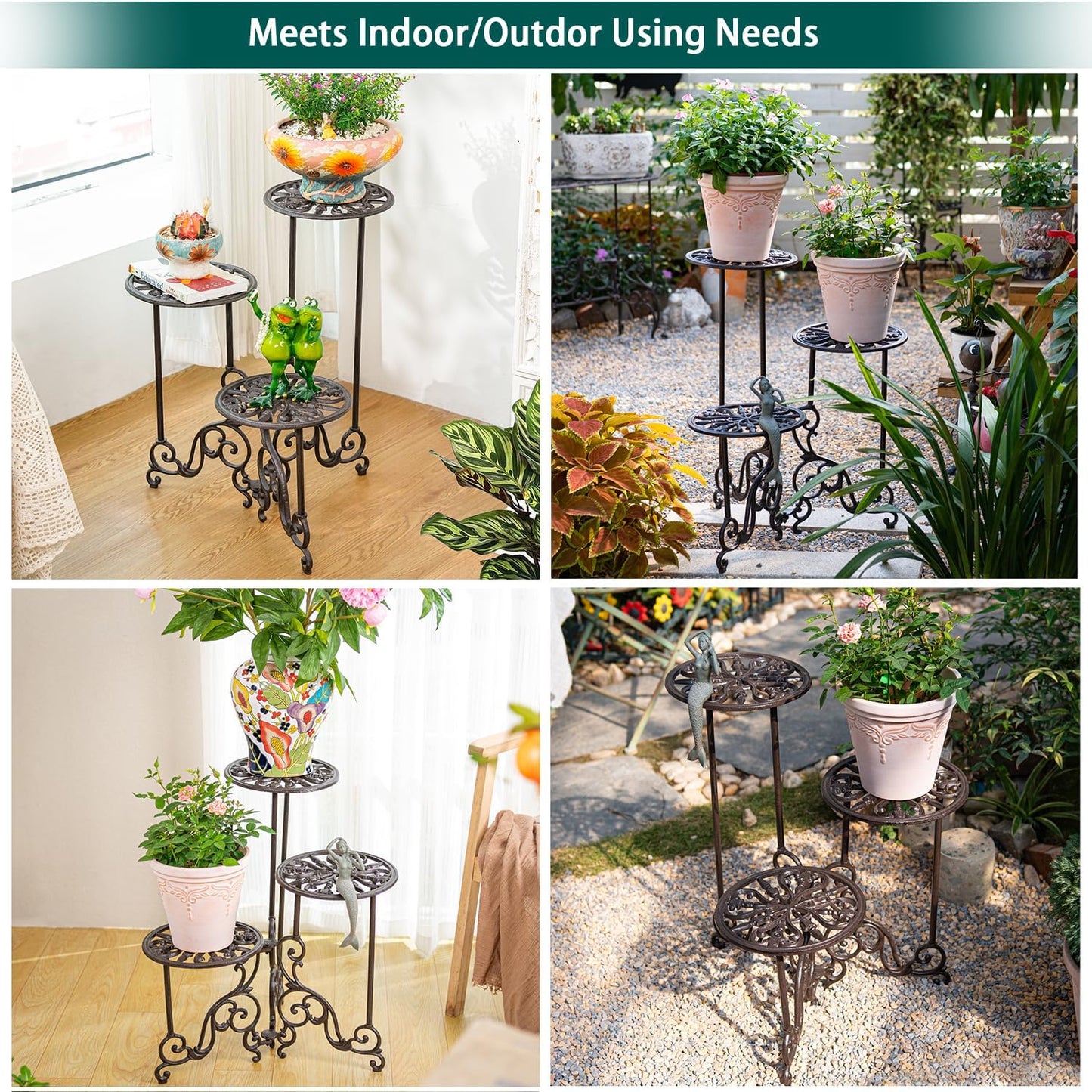 Sungmor Heavy Duty Cast Iron Plant stand, 3 Tier Foldable Metal Plant Shelf, 24in Tall Vintage Flower Pot Holder Indoor Outdoor Tiered Plant Stand, Rustic Plant Display Rack for Corner Balcony Patio