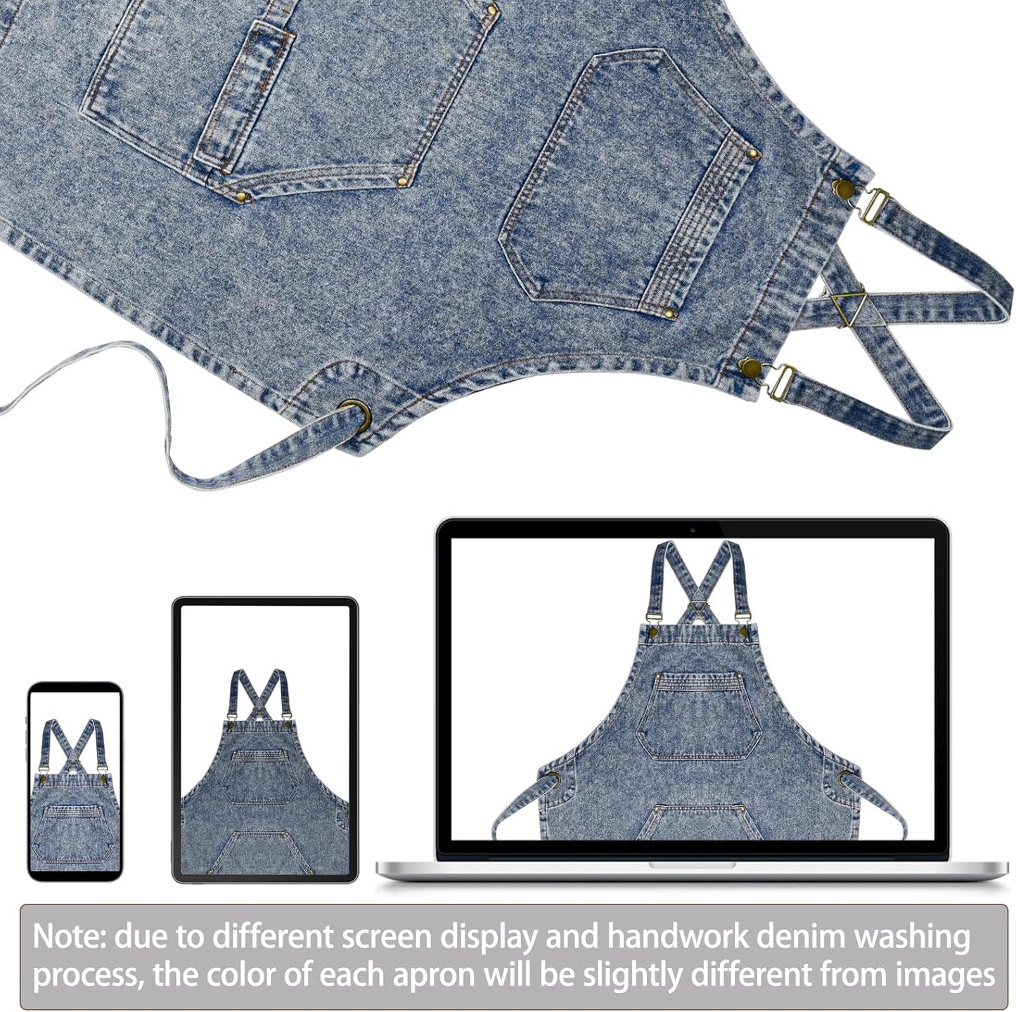 Denim Apron with Pockets, Cross Back Apron for Men Women, Jean Work Aprons for Hairstylist Barber Grilling Gardening, Adjustable S to L