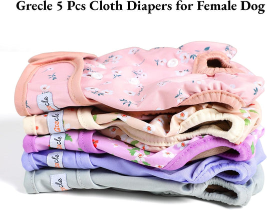 Female Dog Diapers 5Pcs - Premium Reusable Diapers for Doggie in Heat - Highly Absorbent Dog Diapers Female for Pet Incontinence with Adjustable Snaps, Flowers S