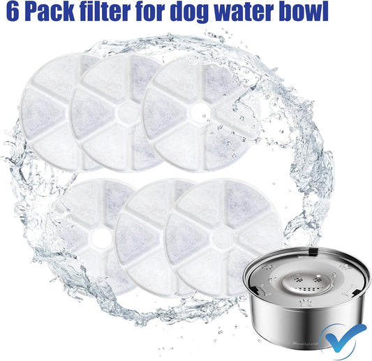 6 Pack Dog Water Dispenser Filter, No Spill Water Bowl Filter Replacement for Slow Drink Dog Water Feeder, Coconut Carbon Filter System Set of 6