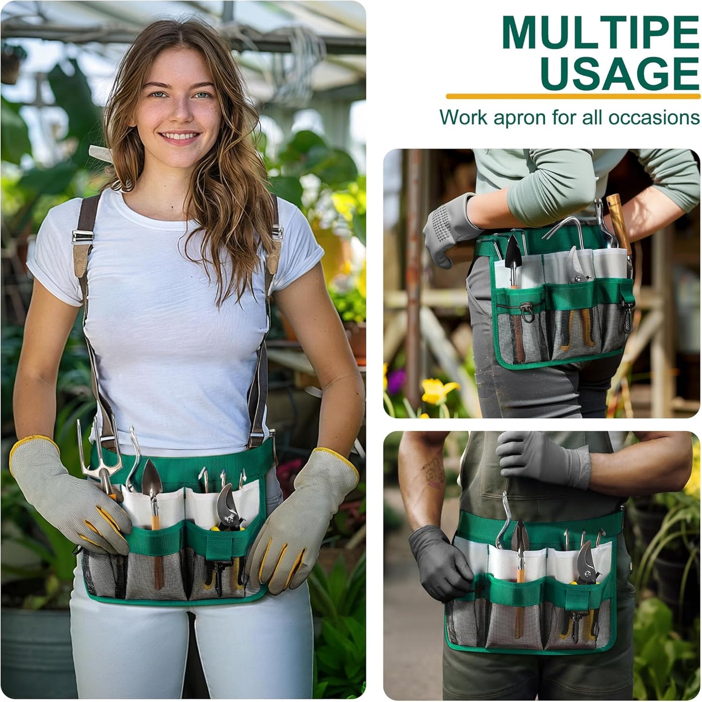 Garden Apron for Women, Adjustable Tool Belt with 8 Pockets - Heavy Duty Oxford Work Belt for Gardening, Construction (Green)