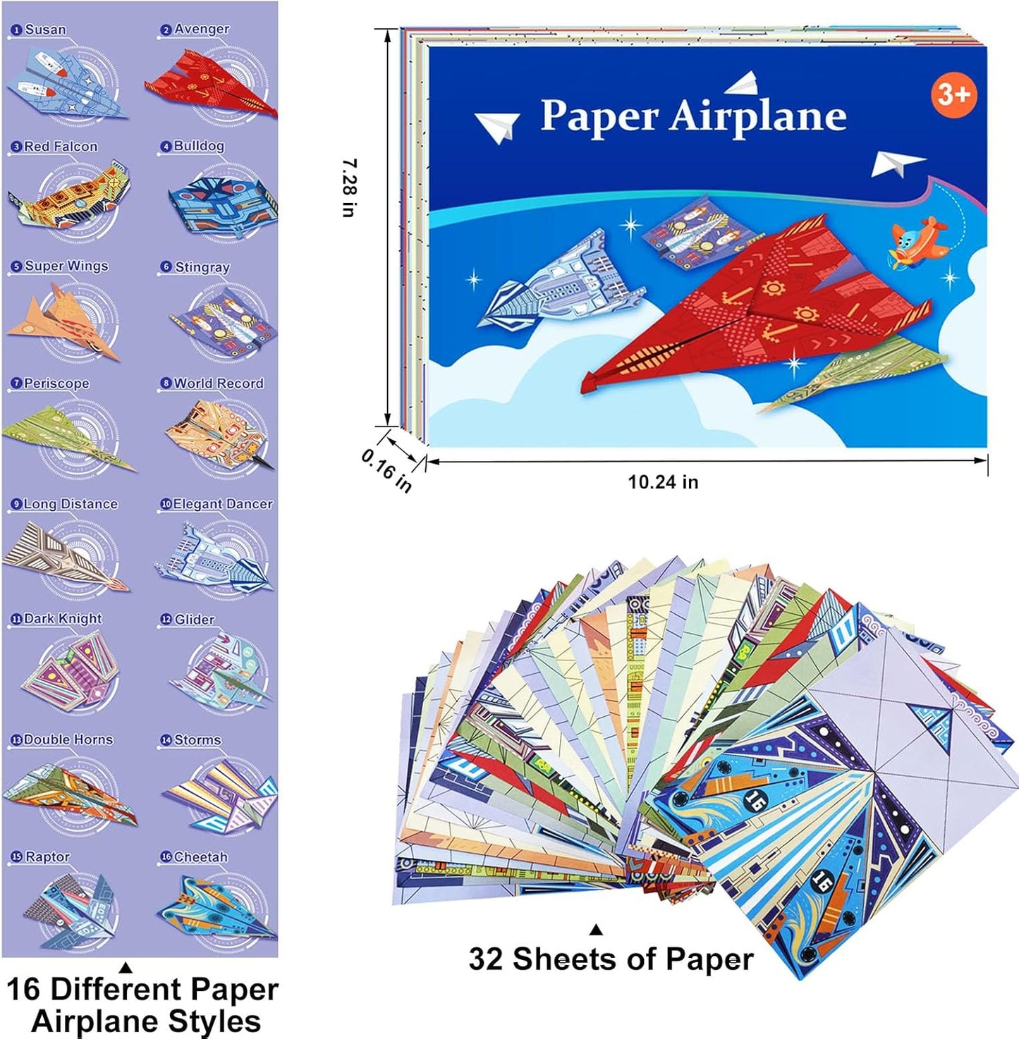 Paper Airplane Kits with 16 Classic Designs, 32 Sheets of Colorful Origami Paper, World Record Paper Planes, Crafts for Boys Ages 6-12+ , Easter Basket Stuffers and Gift for Boys(Digital Manual Only)