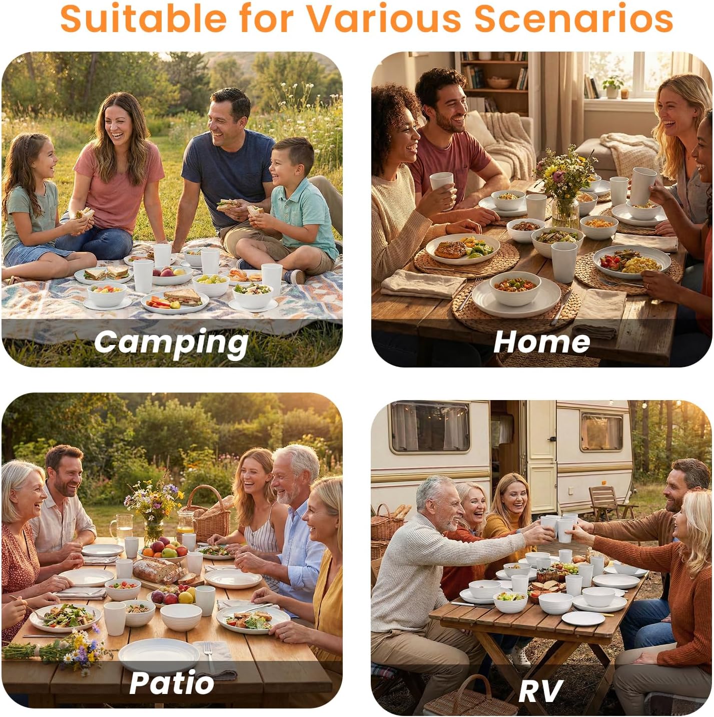 Plates and Bowls Sets for 8, Unbreakable & Lightweight Wheat Straw Dinnerware Sets 32 PCS, Microwave Safe Dishes Set for 8, Dinner Plate, Kitchen Cups and Bowls for Outdoor- White