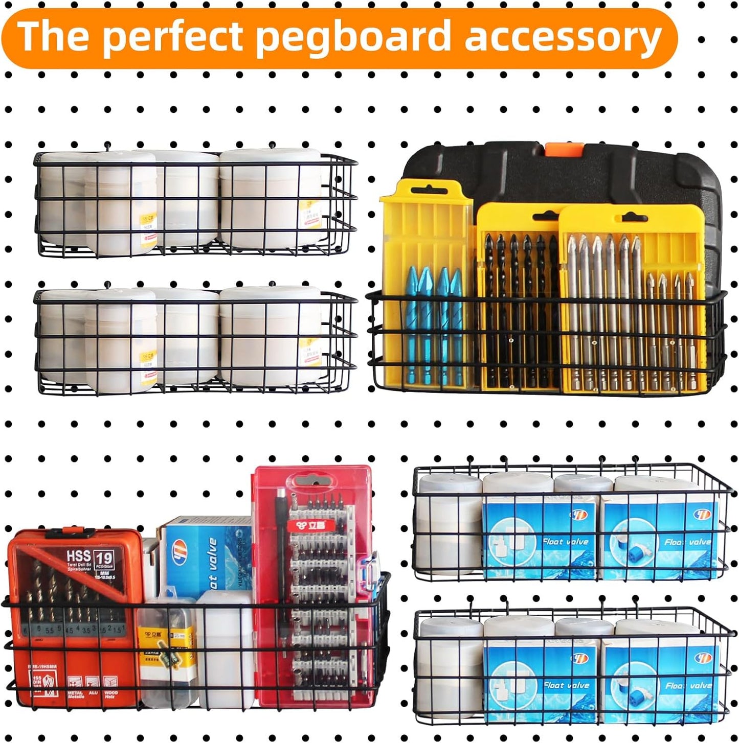 4 Pack Pegboard Baskets Hooks Set, Square Style 4 Size Peg Board Organizer Basket Bins Accessories for Workbench,Garage Storage,Tool Hanger