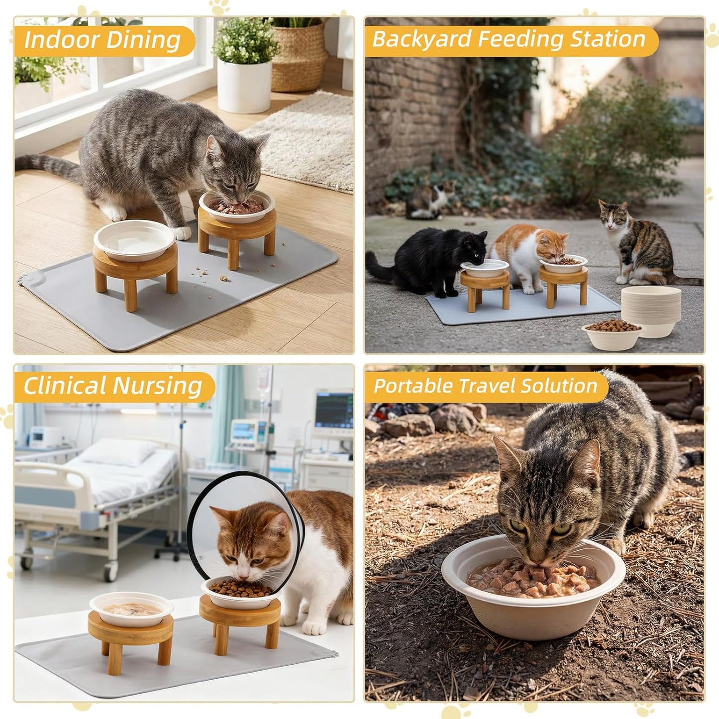 LemonRoad 53 Pcs 1.5 Cup Compostable Elevated Pet Feeding Bowls with Food Mat and Reusable Elevated Wood Stand for Wet and Dry Food Travel Outdoor Pet Care
