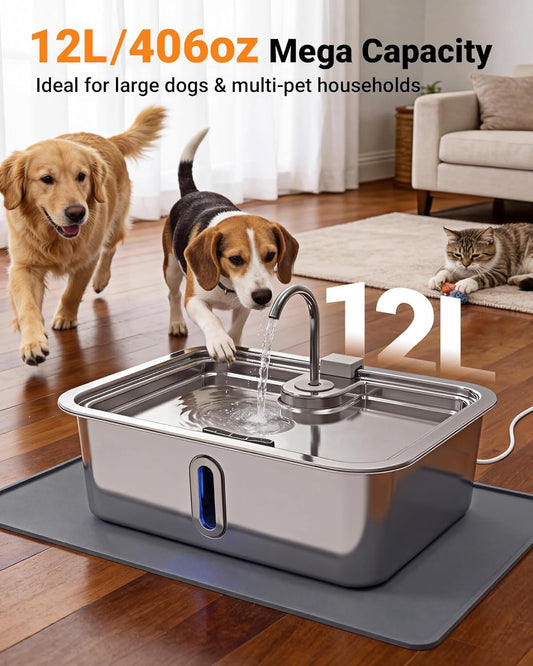 Automatic Water Dispenser for Dogs and Cats, 12L/3.17Gal Large Capacity, Includes Pet Feeding Mat & 3 Filters, Stainless Steel Dog Water Fountain with Visible Window and Alert Light