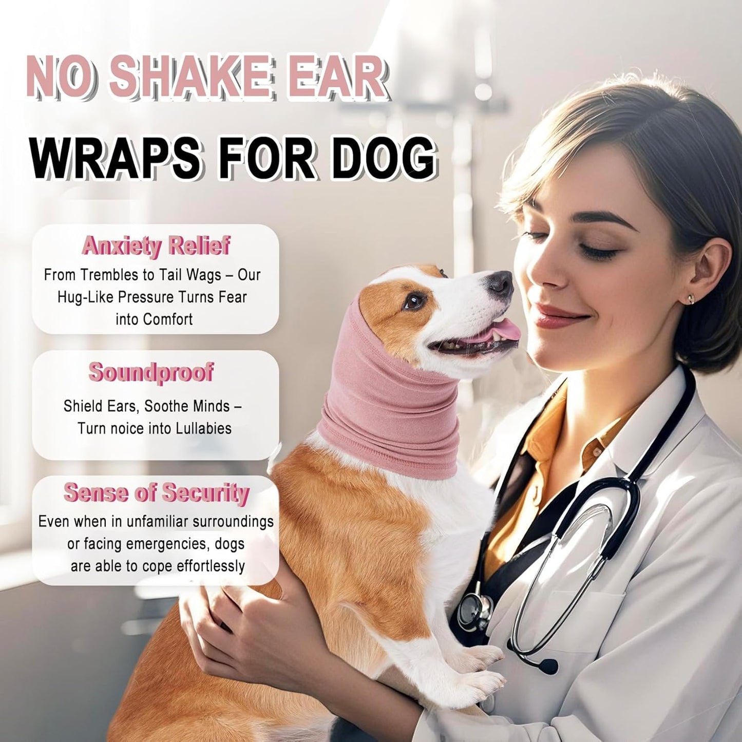 Calming Hoodie for Dogs - Stretchy Dog Ear Cover, No Shake Anxiety Head Wrap Quiet Ears, Pet Snoods for Thunder, Lightning, Fireworks, Vet Visits, Grooming, Rabbit Plush Fabric, Pink M
