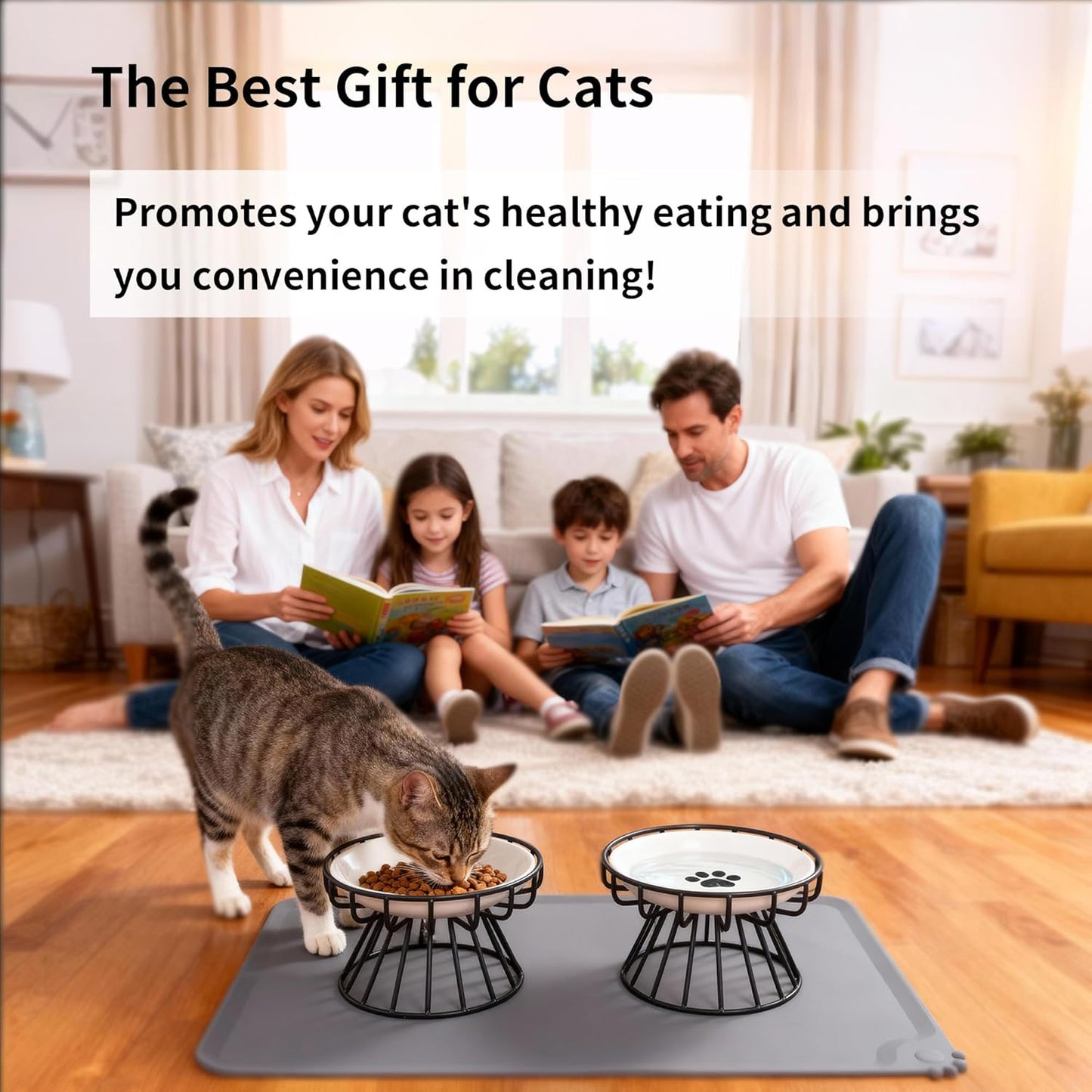 Elevated Ceramic Cat Food Bowl Set with Silicone Mat, Includes 2 Ceramic Bowls and 2 Bowl Stands Protects Neck and Whiskers, Leak-Proof Design, Dishwasher Safe Suitable for Cats and Puppies