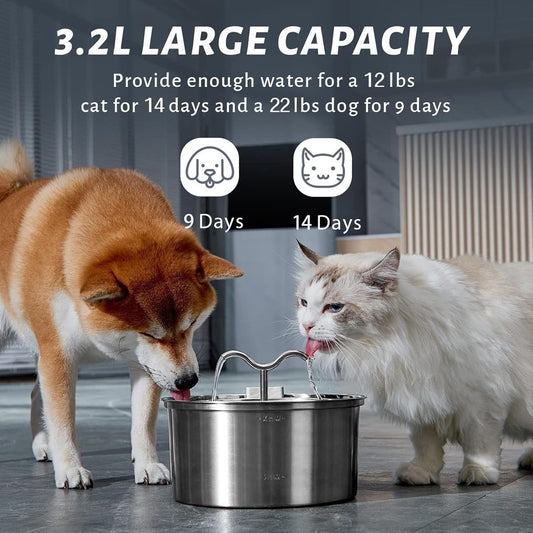 Cat Water Fountain, 3.2L Capacity Pet Water Dispenser Indoor Stainless Steel Dog Drinking Fountain Super Quiet Kitty Spout Automatic Pet Feeding Watering Supplies for Cats, Dogs