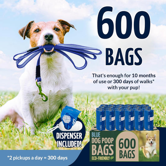 Reli. Biodegradable Dog Poop Bags Rolls (600 Pack, 40 Rolls) | 9"x13" Poop Bags for Dogs | Unscented, Leak Proof Oxobiodegradable Pet Waste Eco-Friendly | Blue | Leash Clip Holder Included