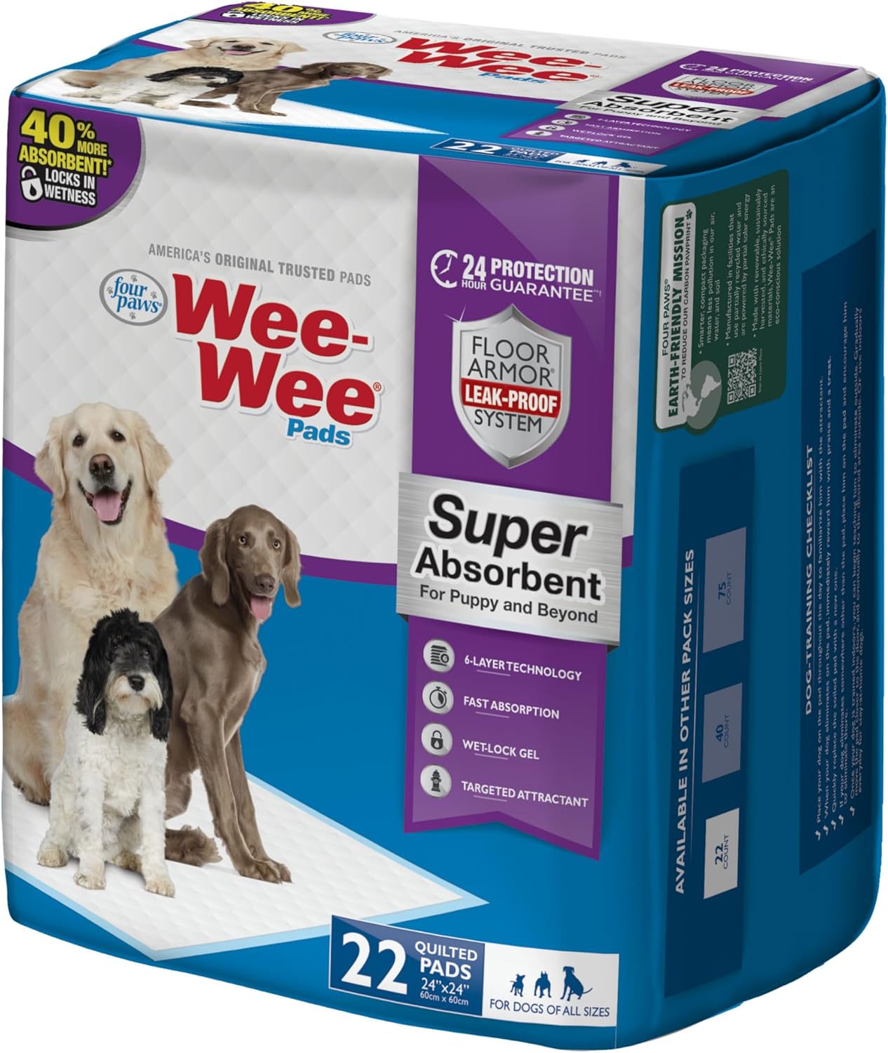 Four Paws Wee-Wee Super Absorbent Unscented Pee Pads for Dogs & Puppies with Insta-Rise Border, Leak-Proof Dog Housebreaking Potty Training Floor Protection, 24" x 24", 75 Count (Packaging May Vary)