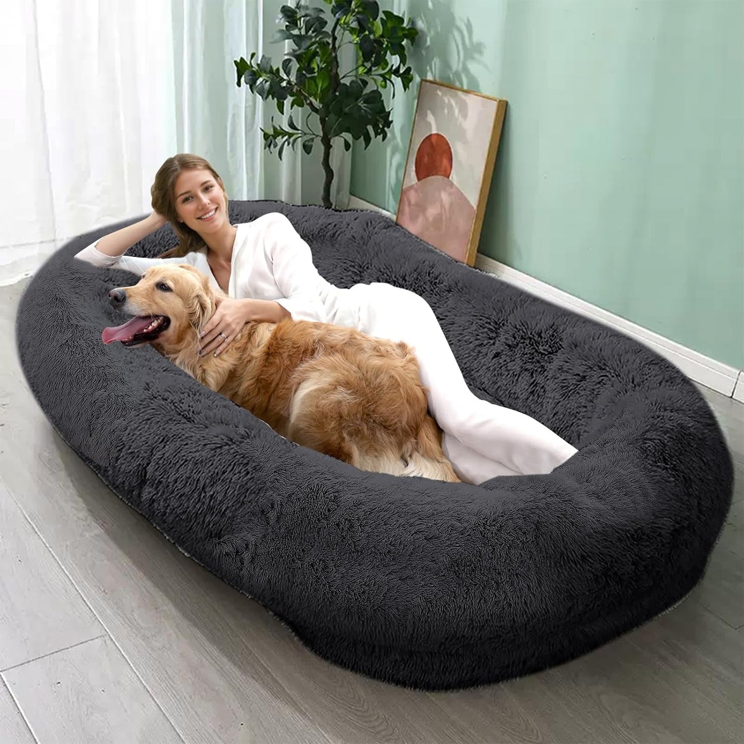 JOLLYVOGUE Human Dog Bed for Adults and Pets, Ultra-Soft Plush Giant Dog Bed with Egg Crate Foam, Non-Slip Base, and Machine Washable Cover - Ideal for Relaxation and Napping, Dark Grey