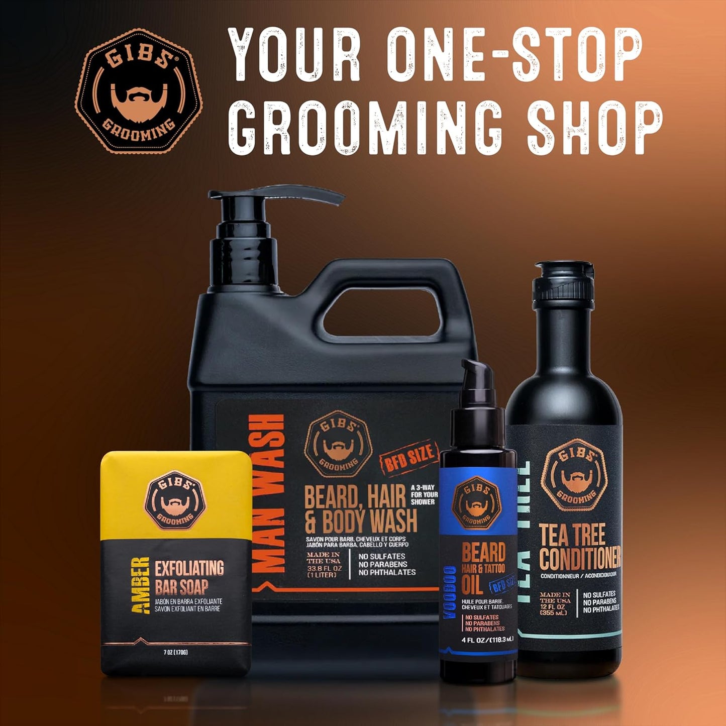 GIBS Grooming - Man Wash 3-in-1 Beard, Hair, Body Soap - Citrus, Oak, Basil Scent - Sulfate Free - Tea Tree Oil, Hemp Oil, Protein - Mens Body Wash & Mens Shampoo - Made in USA