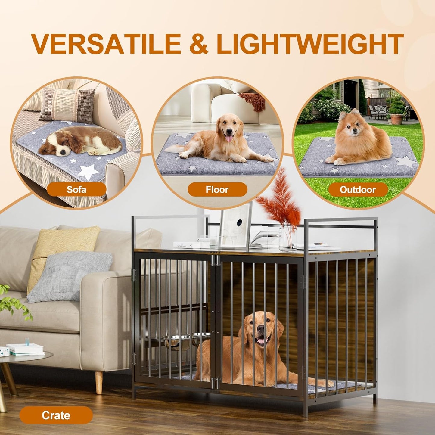 Self Warming Dog Bed Mat, 30"x20" Graphene & Glow-in-The-Dark Fabric Dog Crate Mat, Removable Washable Cover Anti-Slip Bottom Orthopedic Calming Pet Bed Pad for Kennel Cage