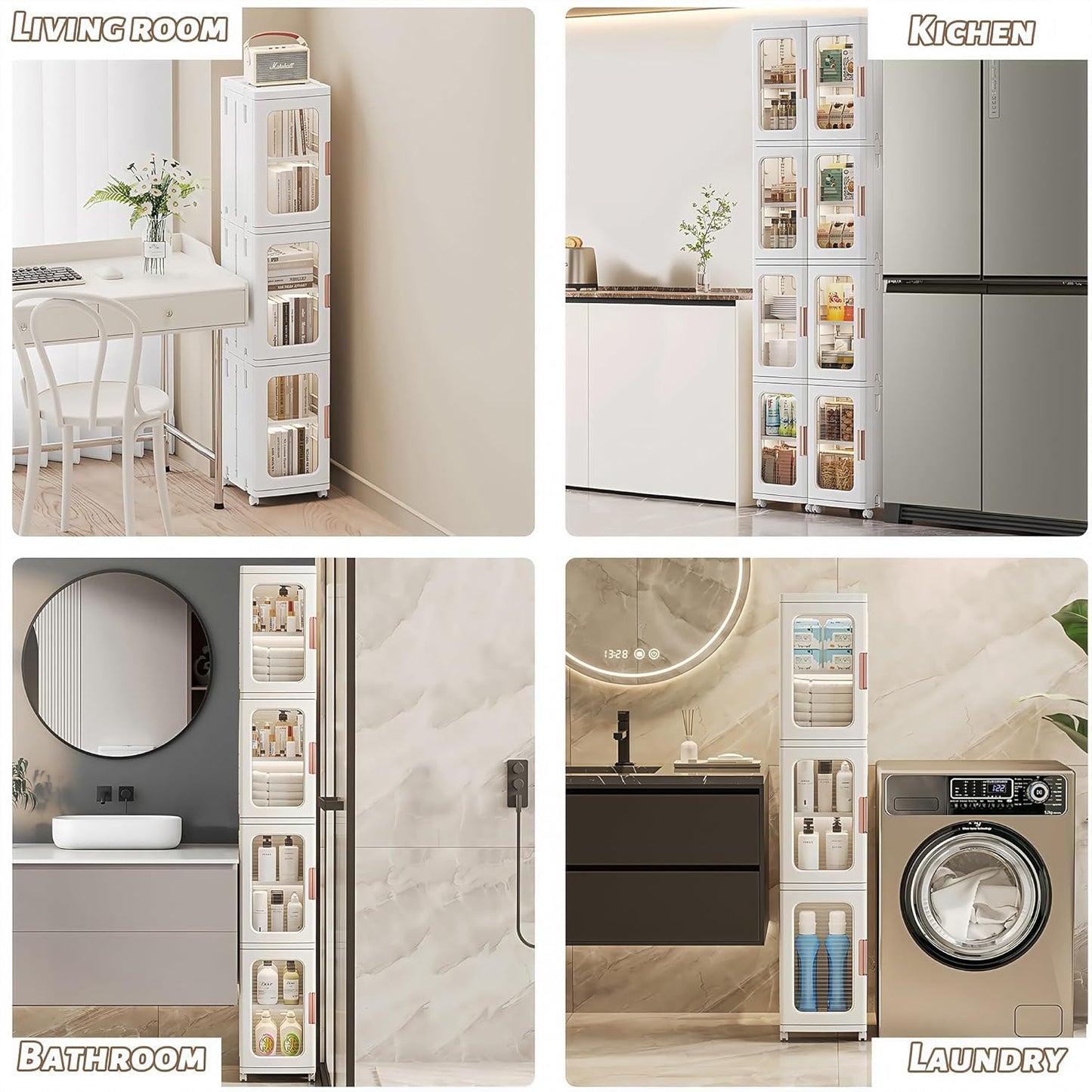 Tall Narrow Storage Cabinet with Movable Wheels, Adjustable Shelves & Magnetic Doors – Foldable Slim Plastic Organizer for Bathroom, Kitchen, Laundry, Ideal for Small Spaces(4-Tier,White)