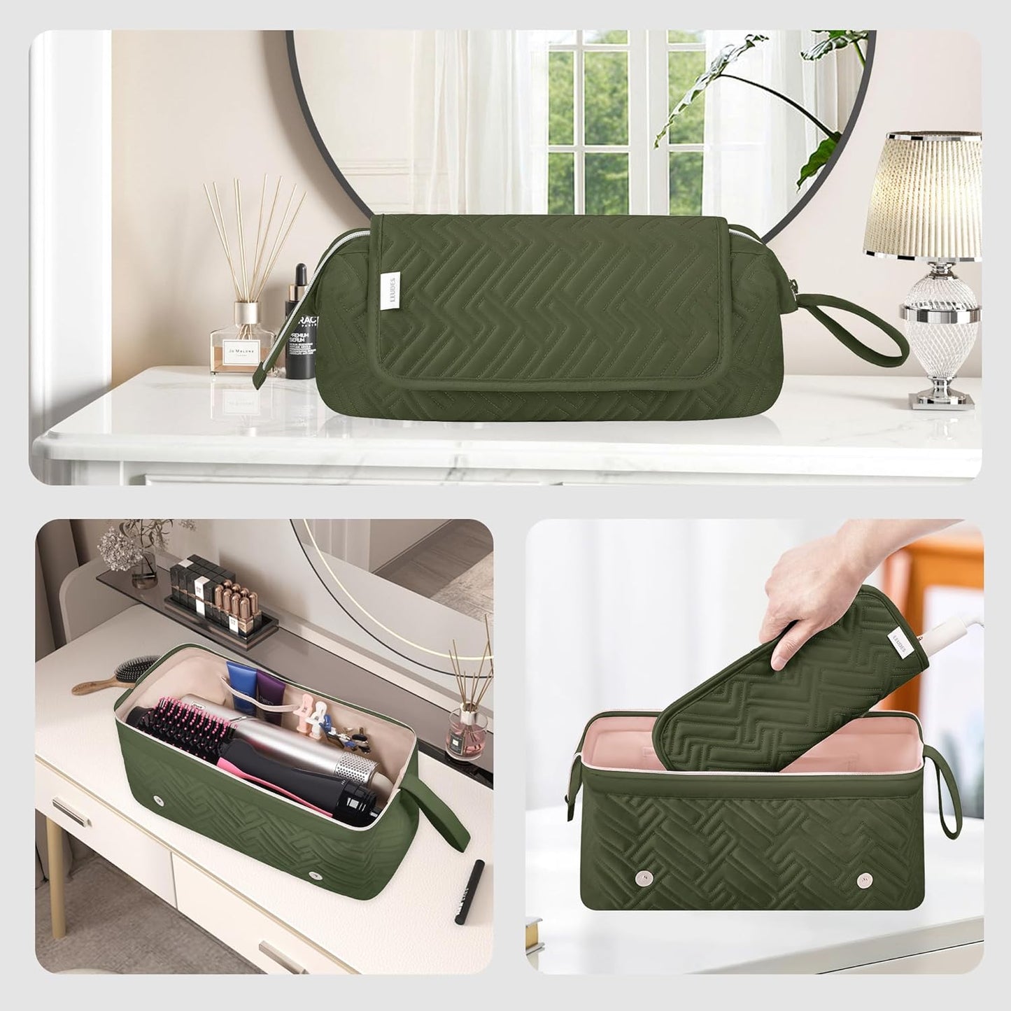 Leudes Hair Tools Travel Bag for Women Heat Resistant Mat for Travel Essentials Hot Tools Straighteners,Flat Irons,Curling Iron,Hot Air Brushes and Hair Dryer Organizer Bags 2 in 1 (Army GreenA)