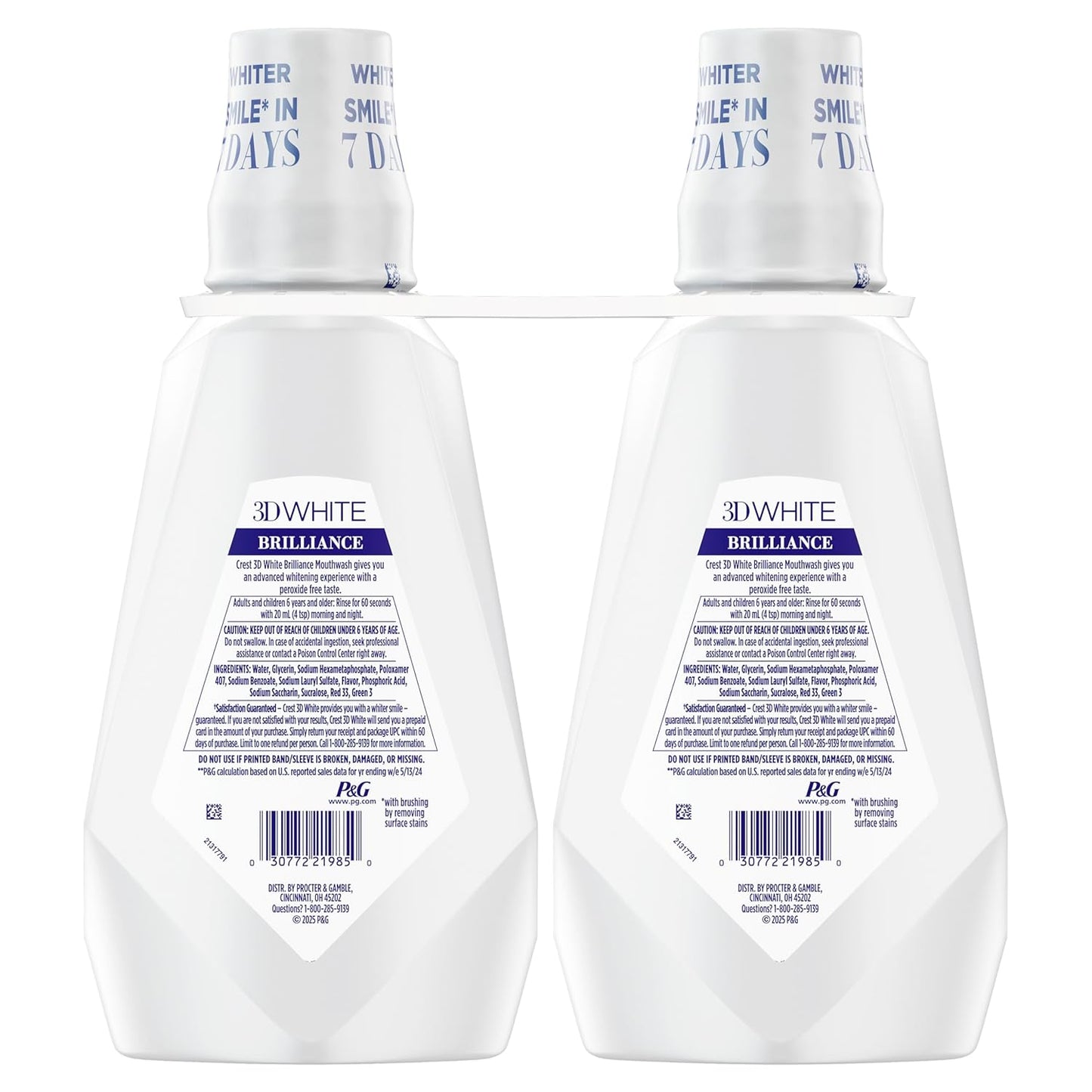 Crest Mouthwash/Mouth Rinse, 3D White Brilliance Whitening, Alcohol Free, Clean Mint, 2x1L (33.8 fl oz)