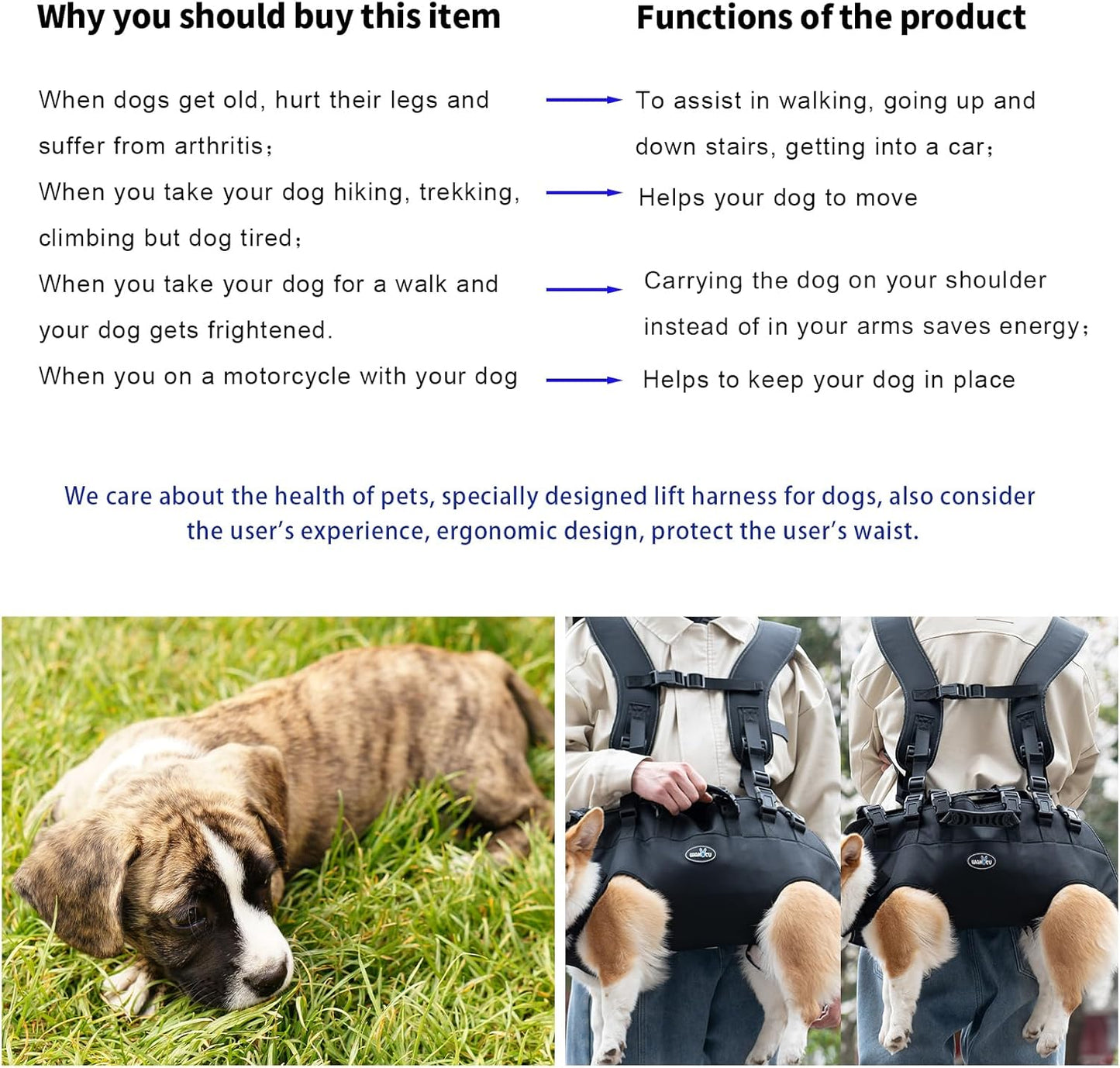 Dog Lift Harness Sling Carrier for Dogs Hind Leg Stair Support Old, Disabled, Joint Injuries, Arthritis, Large Dogs Up and Down Stairs, Cars(33-66 LBS)