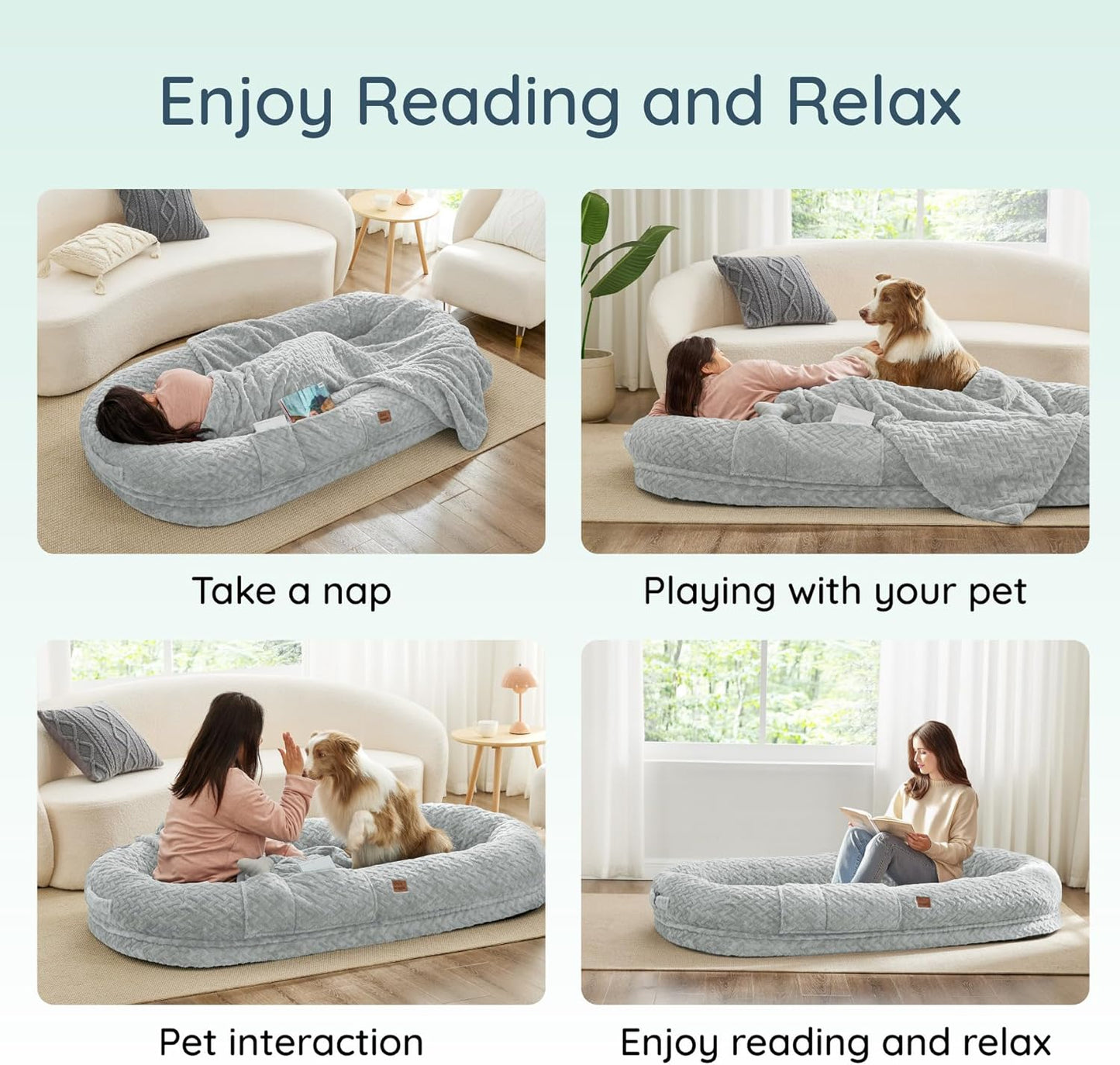 Human Dog Bed for Adult - Luxury Faux Fur Giant Size Dog Bed with Portable Handle, Egg Orthopedic Foam with Blanket, 72"x40"x10", Light Grey