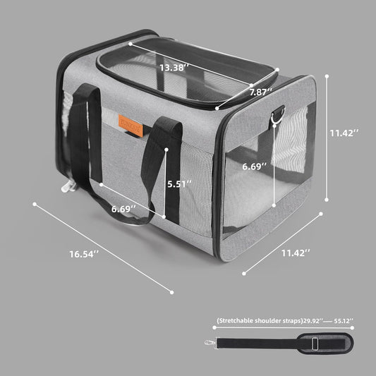 YUNIQUE Soft-Sided Cat & Dog Carrier for Pets Up to 15 Lbs, Airline Approved Collapsible Travel Puppy Carrier with Lightweight Fabric Design (Grey)