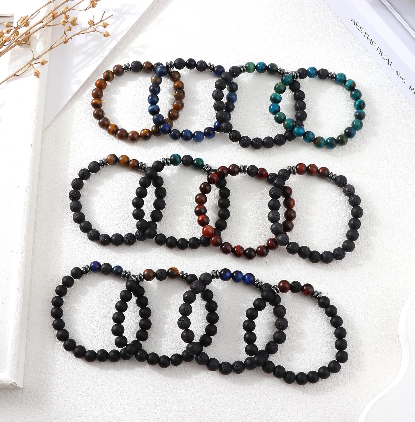 MOZAKA 12Pcs 8mm Natural Stone Lava Rock Beaded Bracelets for Men Women Tiger Eye Hematite Black Onyx Matte Beads Essential Oil Diffuser Lava Stone Bead Bracelets Bulk