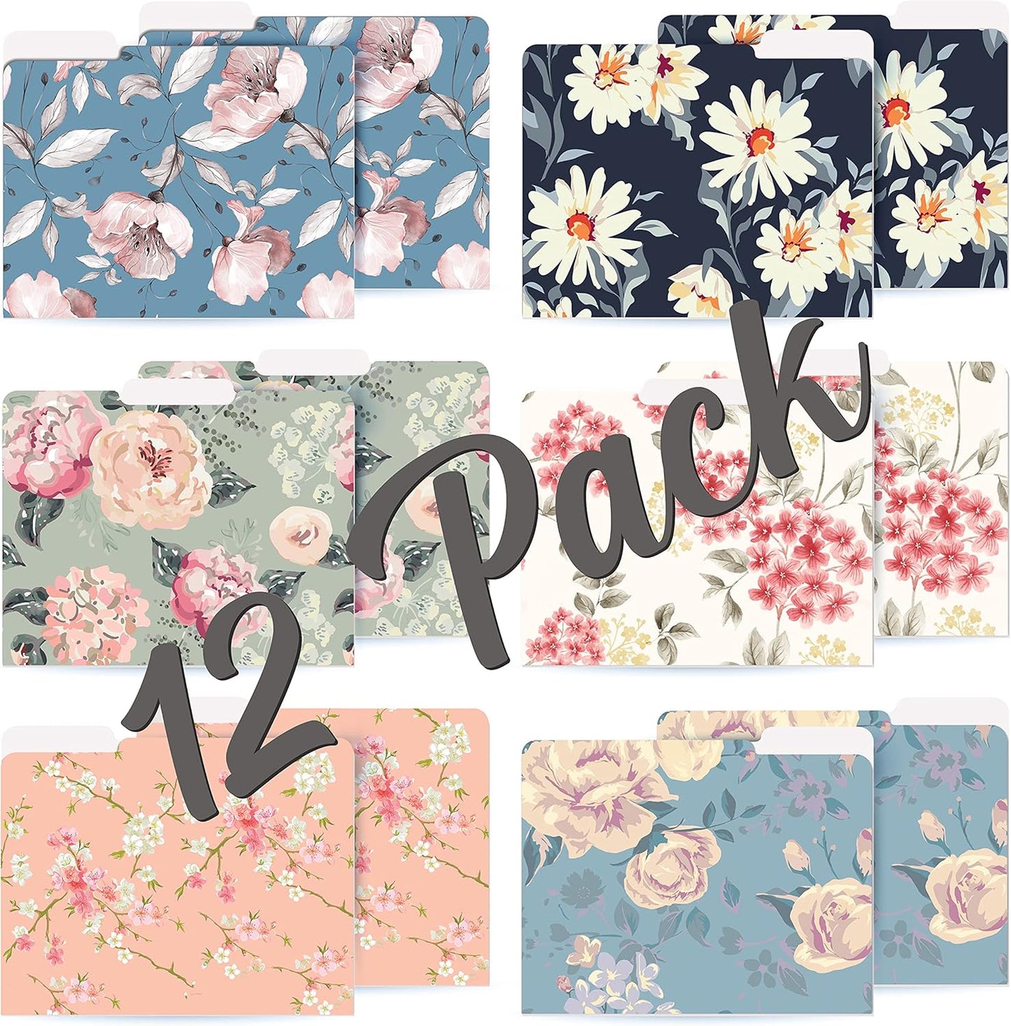 Better Office Products Decorative File Folders, 12 Pack, 6 Designs, Heavyweight, Letter Size (9.5" x 11.5") with 1/3 Cut Tab, Traditional Floral Designs with Matte Finish, Fashion Folders