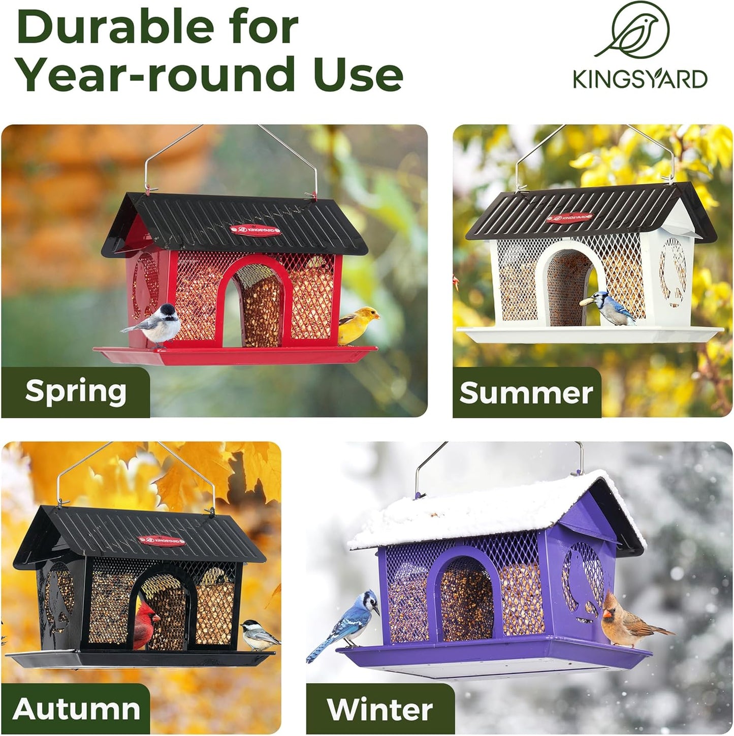Kingsyard Bird Feeder for Outdoors Hanging, Dual-Use Metal Mesh Wild Bird Feeders with Seed Tray & Weatherproof Roof, 3 lbs Large Capacity, White
