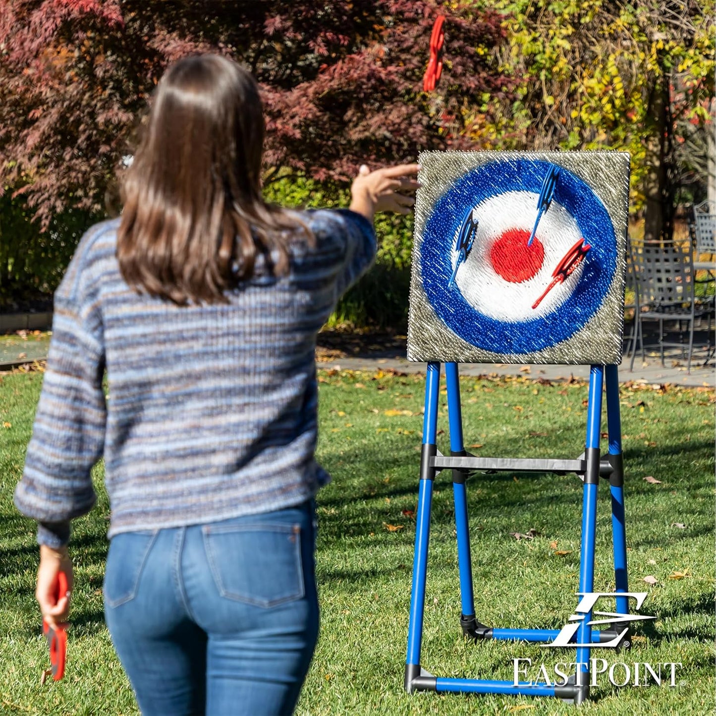 EastPoint Axe Throwing Game Set - 8 Foam & Plastic Throwing Axes - Heavy Duty Steel Frame - Over 5 Ft Tall - Folds Flat for Portable Outdoor Games - Unique Bristle Target for Yard Games