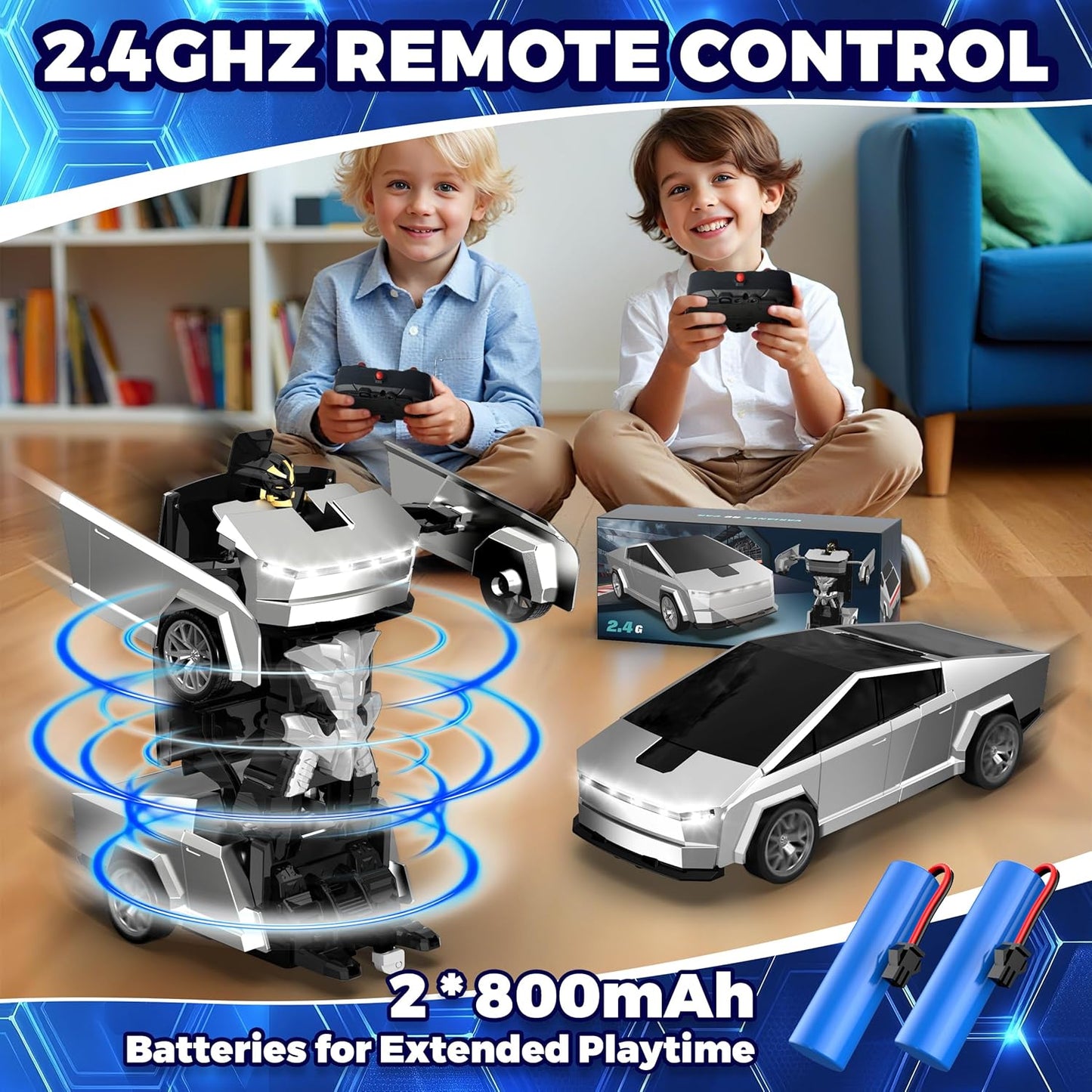 Transform RC Cyber Pickup Truck Cars Robot Toy for Kids, 2.4GHz Remote Control Car with One-Button Deformation 360° Rotation LED Lights Valentine's Day Birthday Gifts for Boys Age 4-7-8-12(1:18 Scale)